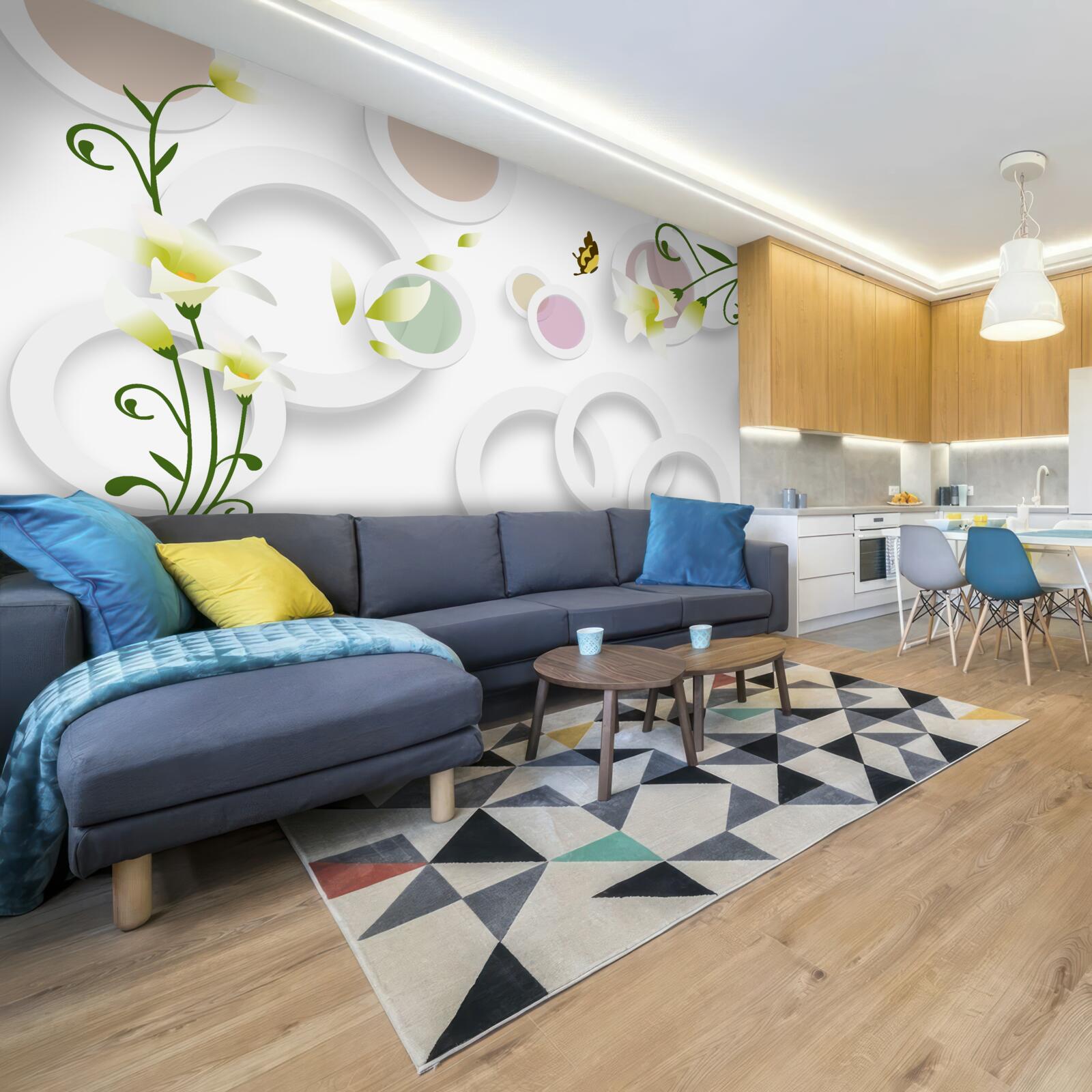 Фотошпалери гілки зелені з жовтими бруньками та округлими частинами