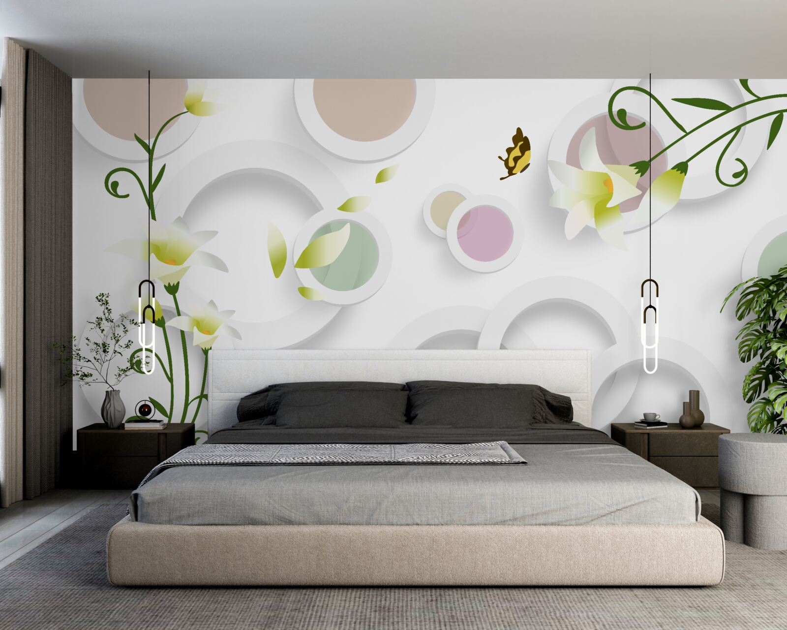 Фотошпалери гілки зелені з жовтими бруньками та округлими частинами