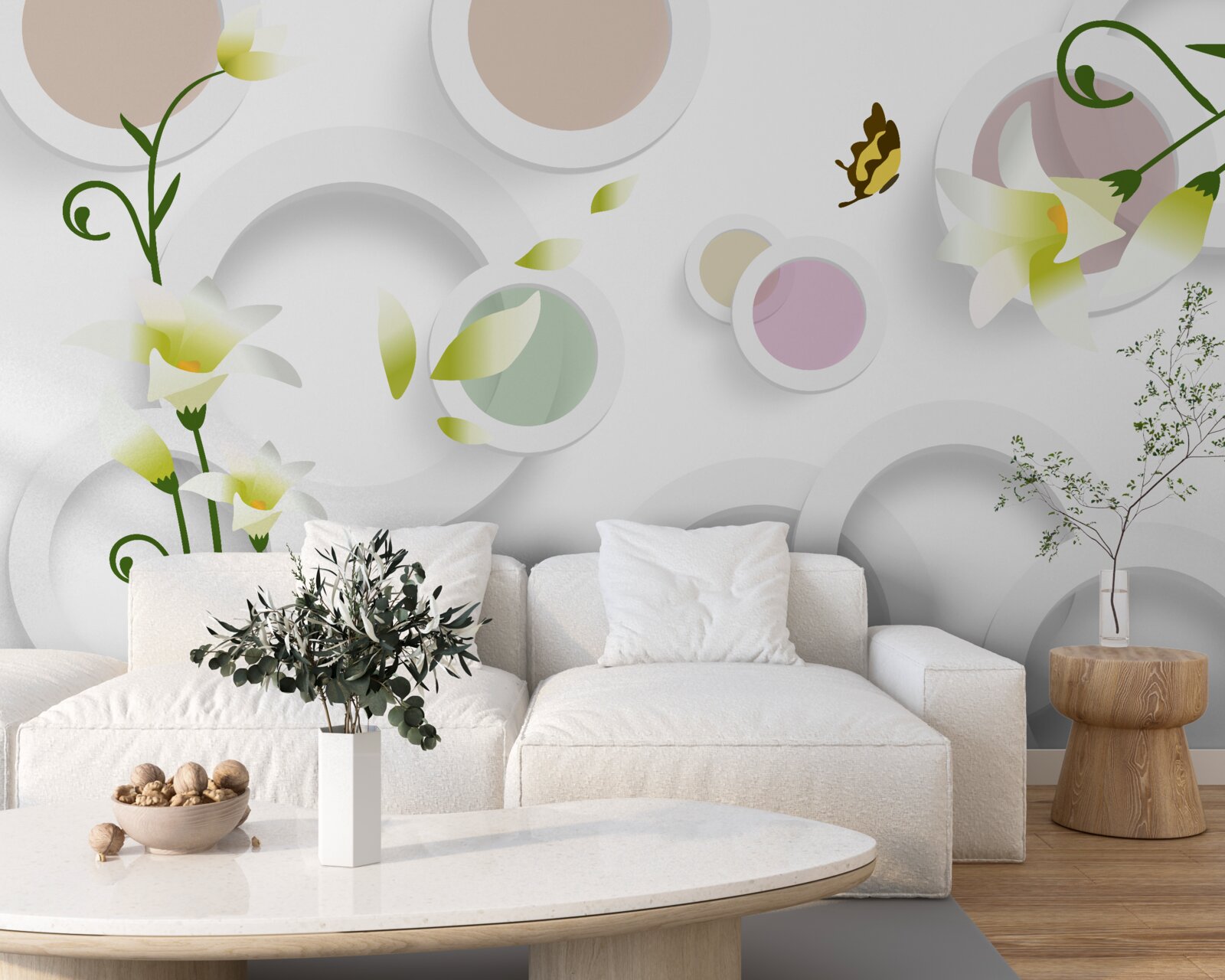 Фотошпалери гілки зелені з жовтими бруньками та округлими частинами