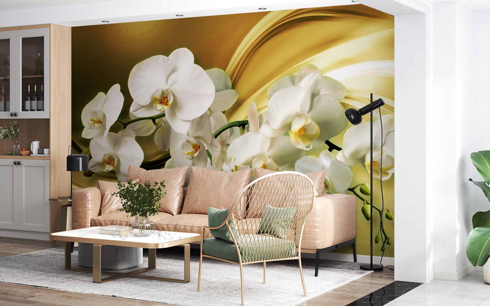 Фотошпалери Білосніжні орхідеї, розкішно розкриті на коричневій шовковій тканині
