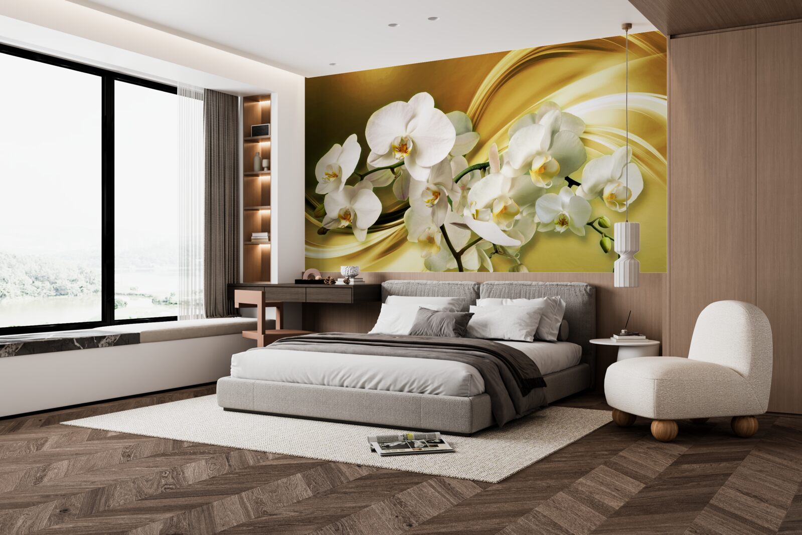 Фотошпалери Білосніжні орхідеї, розкішно розкриті на коричневій шовковій тканині