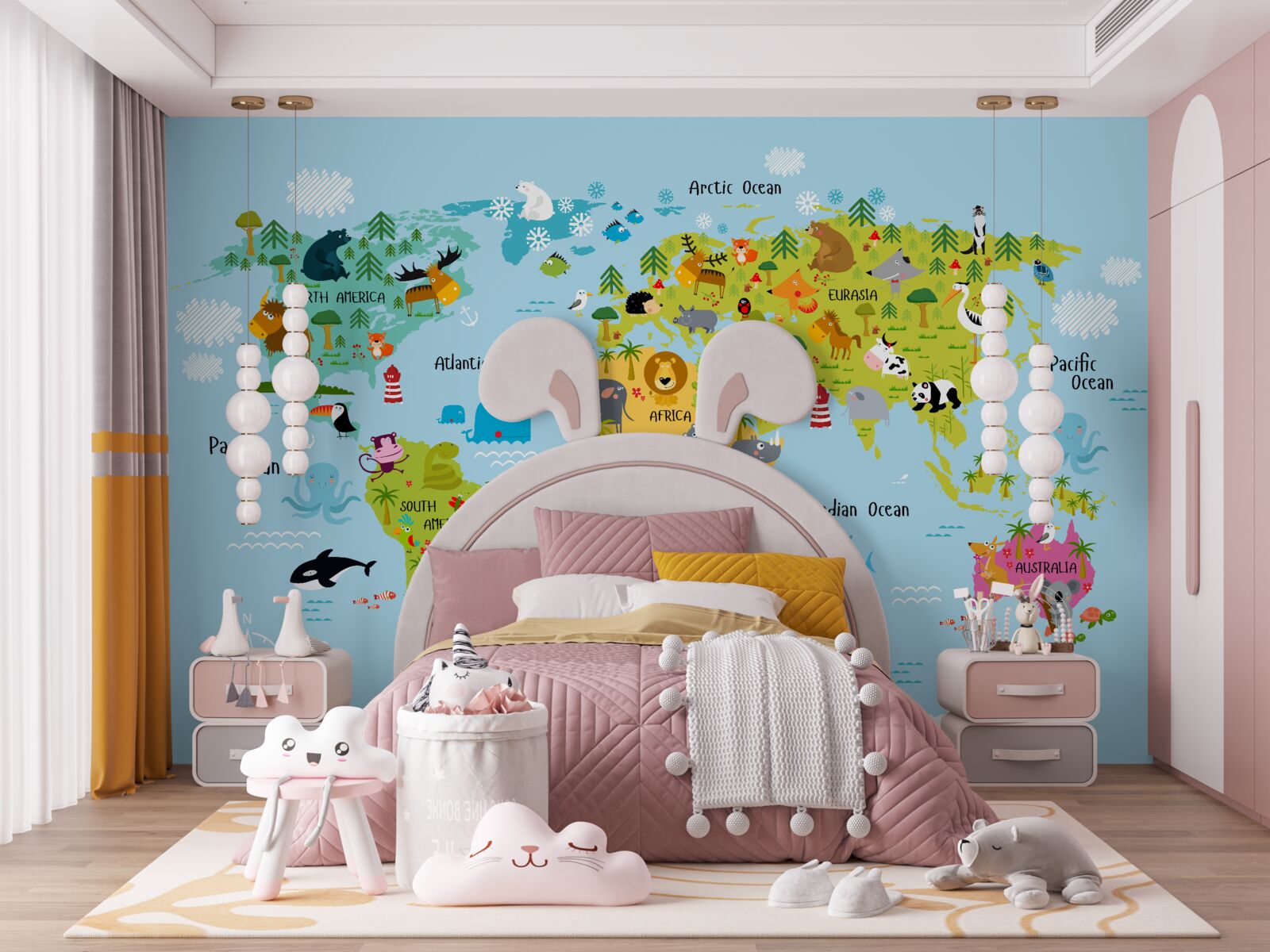 Фотошпалери Дитяча карта світу із зображеннями тварин