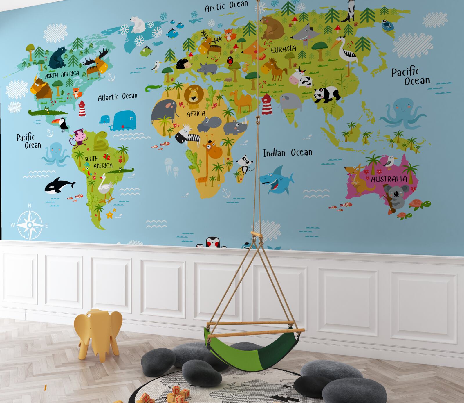 Фотошпалери Дитяча карта світу із зображеннями тварин