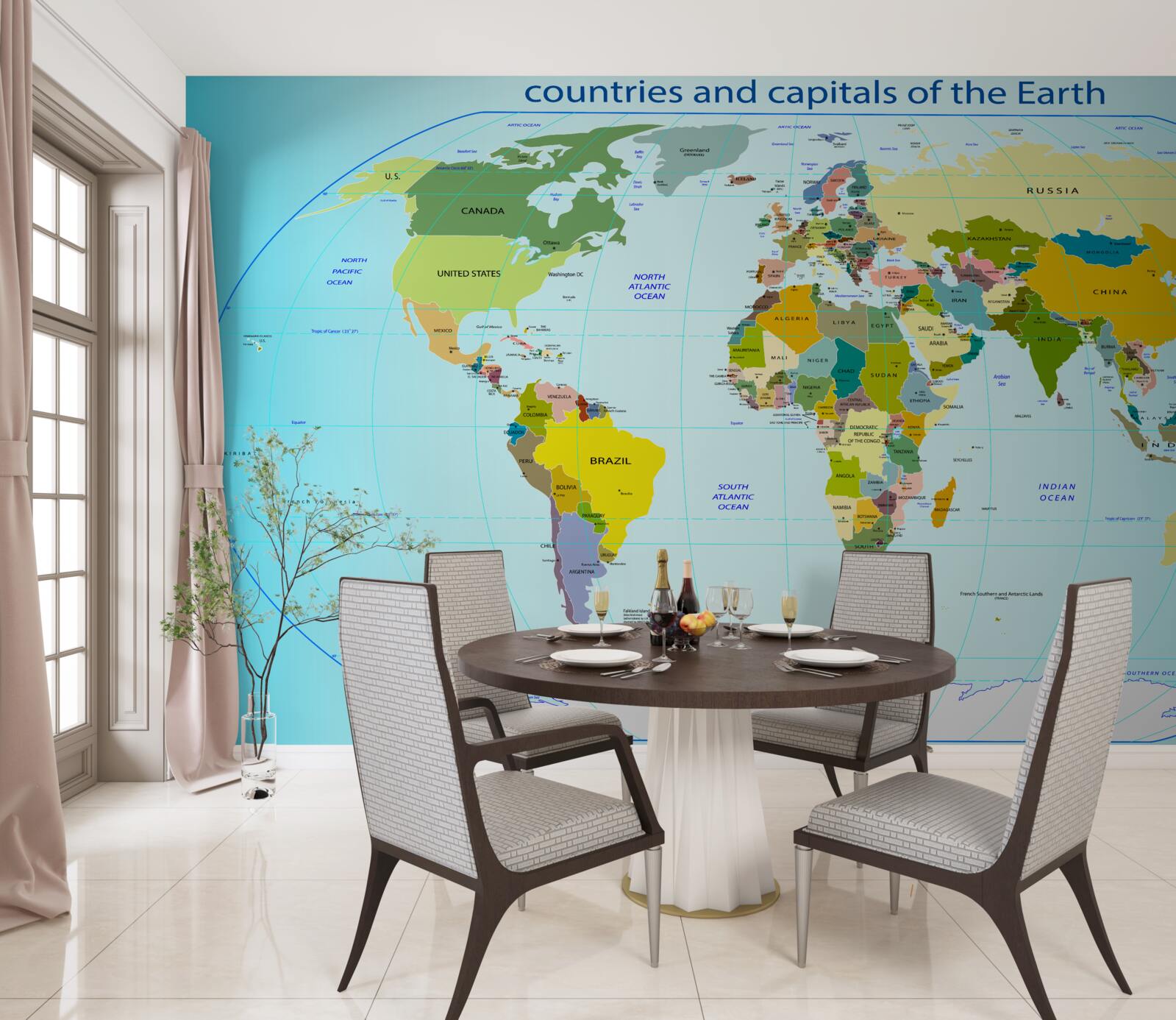 Фотошпалери карта світу з позначенням країн та їхніх столиць