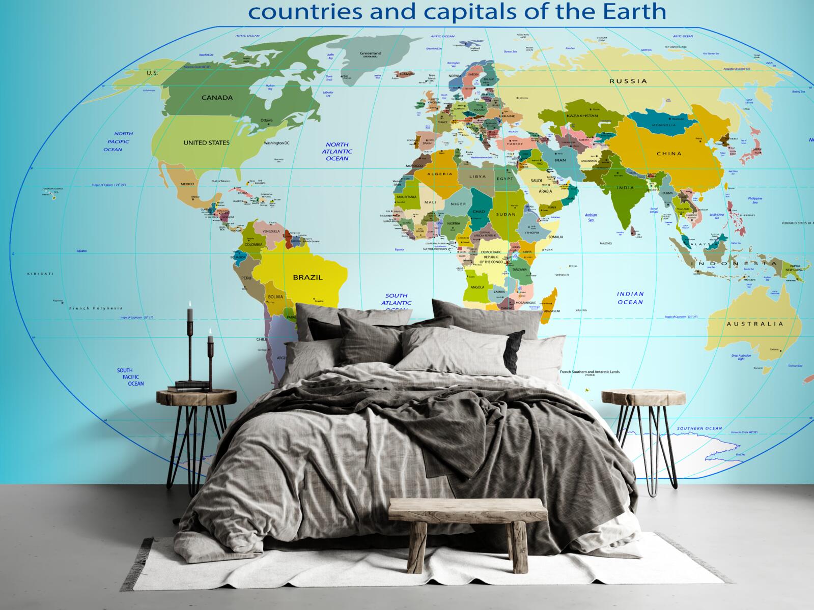 Фотошпалери карта світу з позначенням країн та їхніх столиць