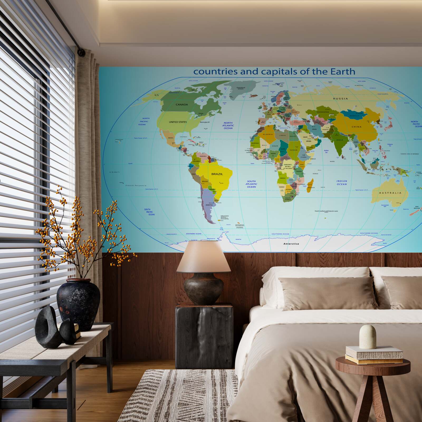 Фотошпалери карта світу з позначенням країн та їхніх столиць