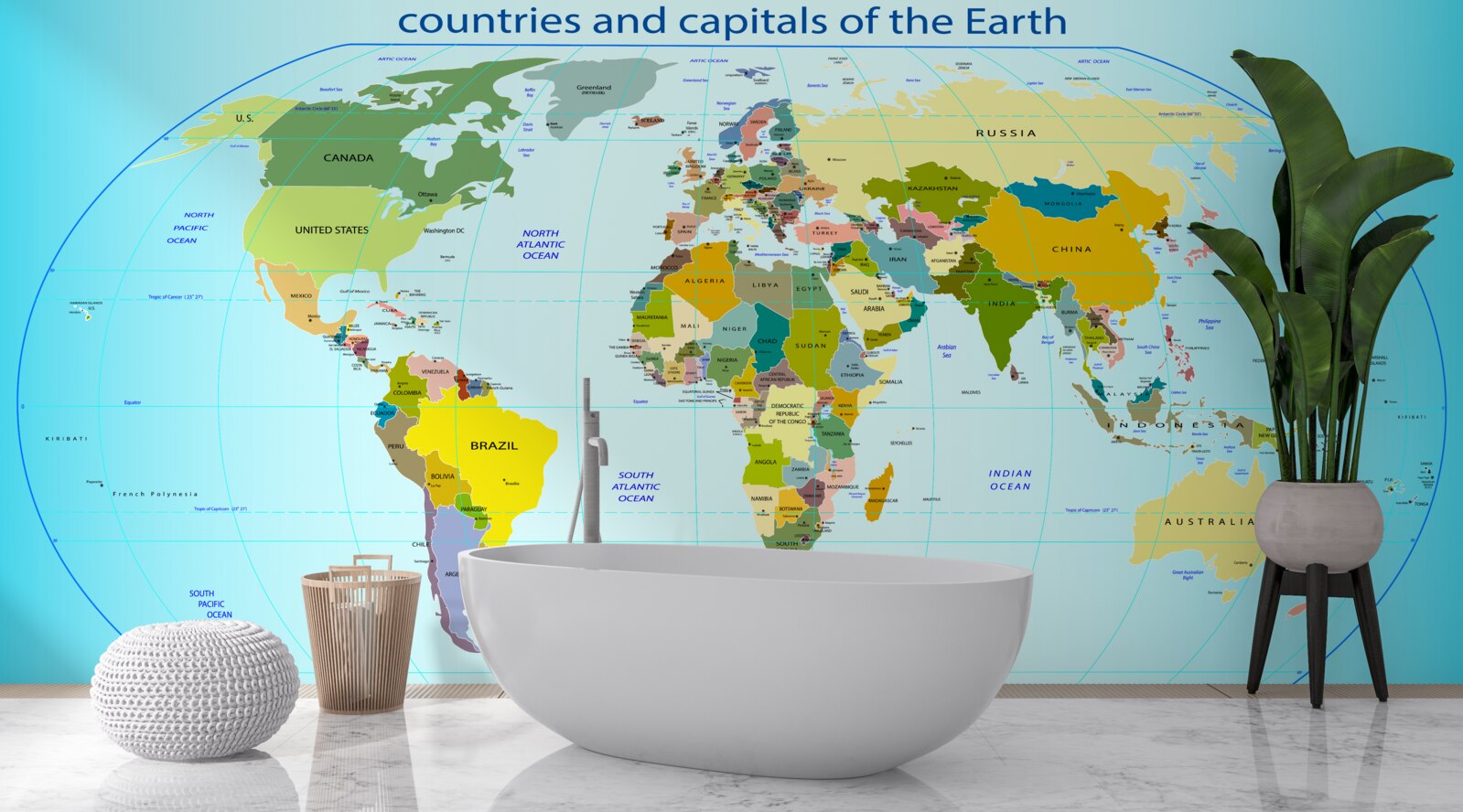 Фотошпалери карта світу з позначенням країн та їхніх столиць
