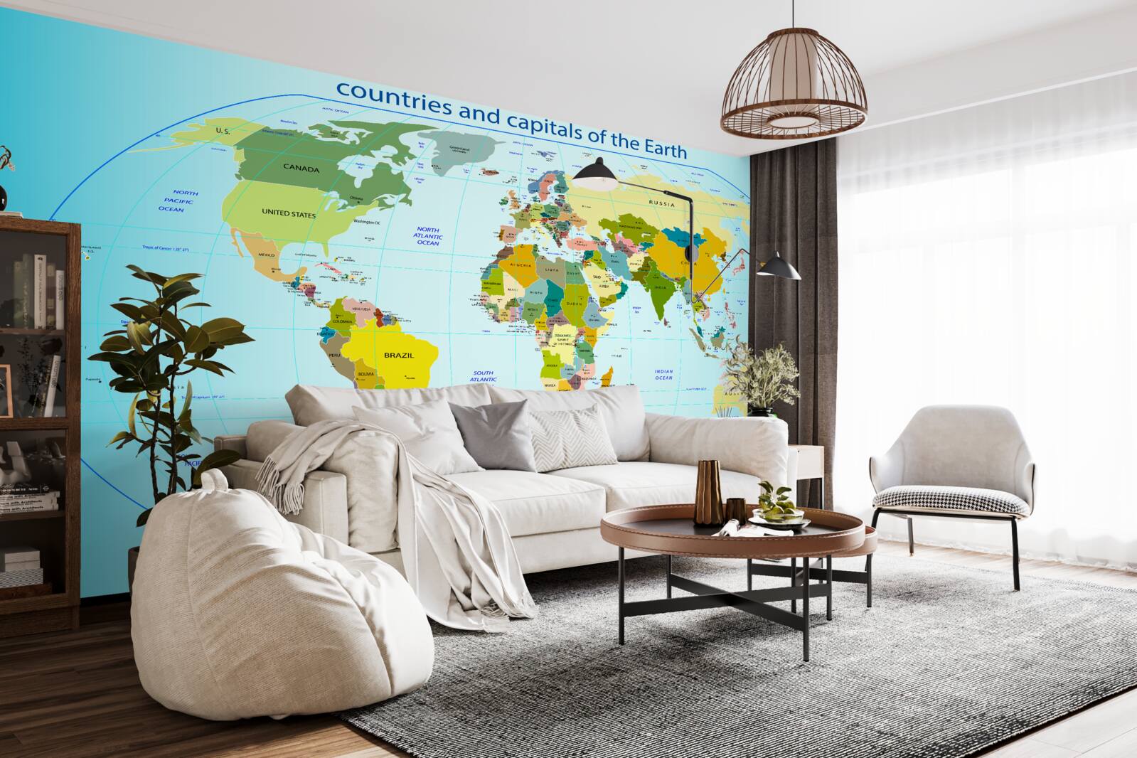 Фотошпалери карта світу з позначенням країн та їхніх столиць