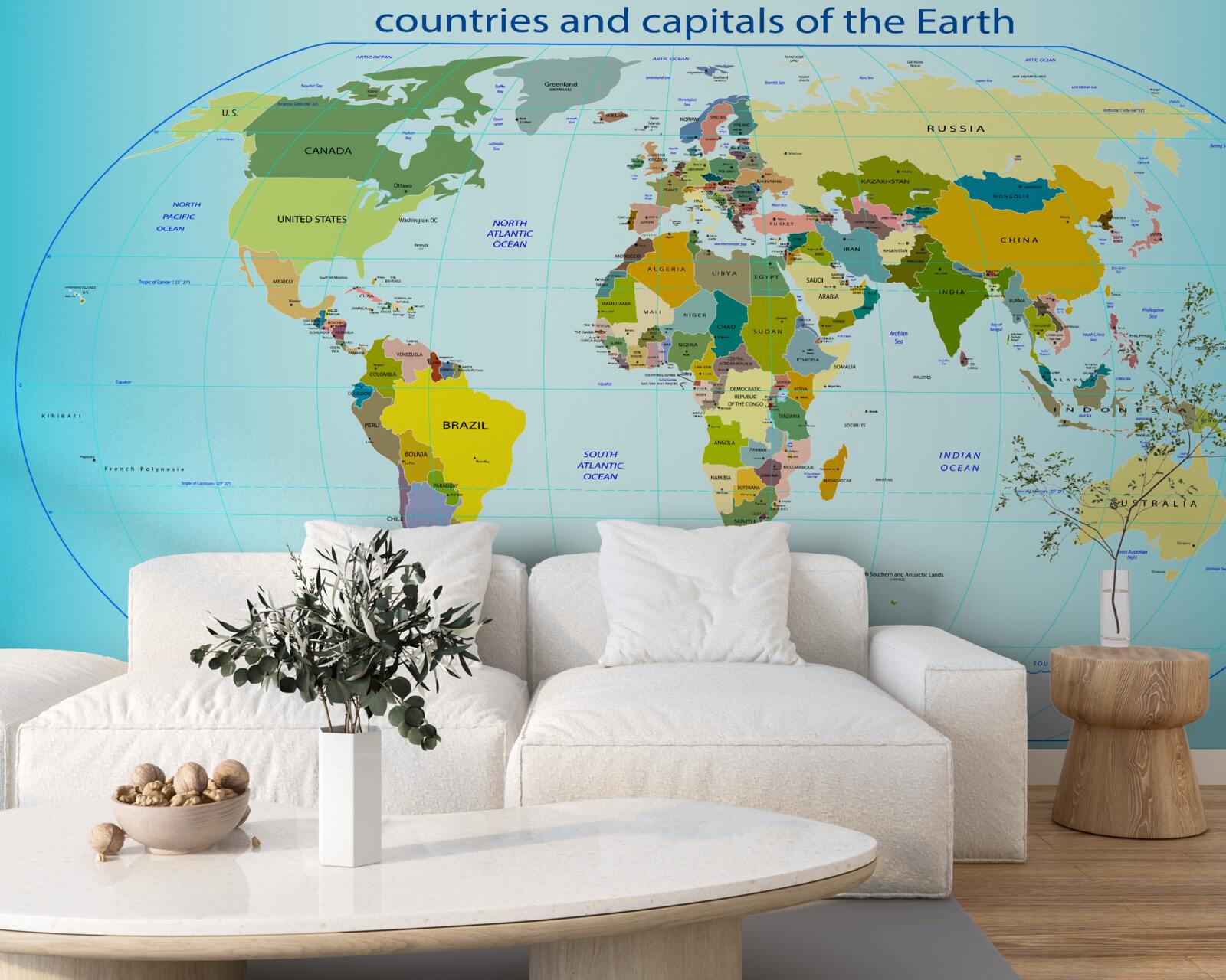 Фотошпалери карта світу з позначенням країн та їхніх столиць