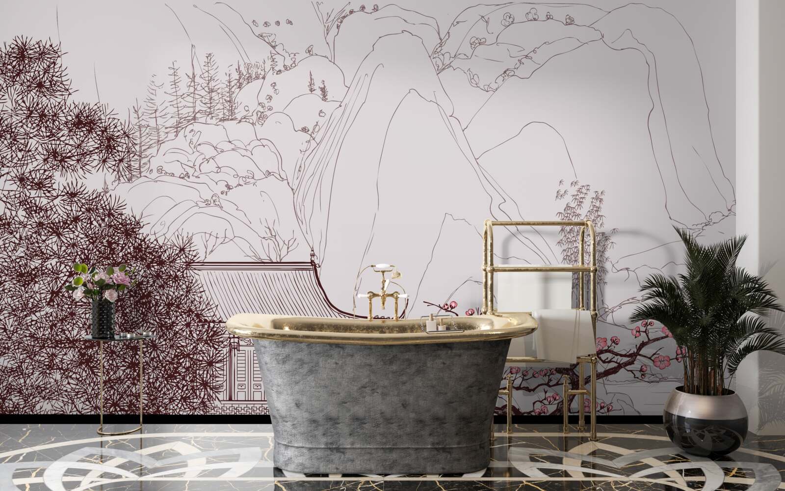 Фотошпалери Сад в японському стилі біля заміського будинку в горах