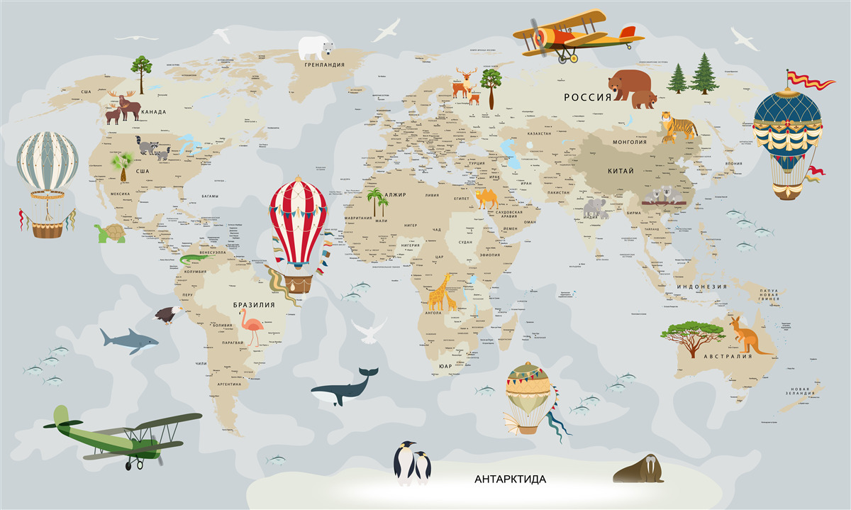 Фотошпалери карта світу із зображенням тварин і транспортних засобів