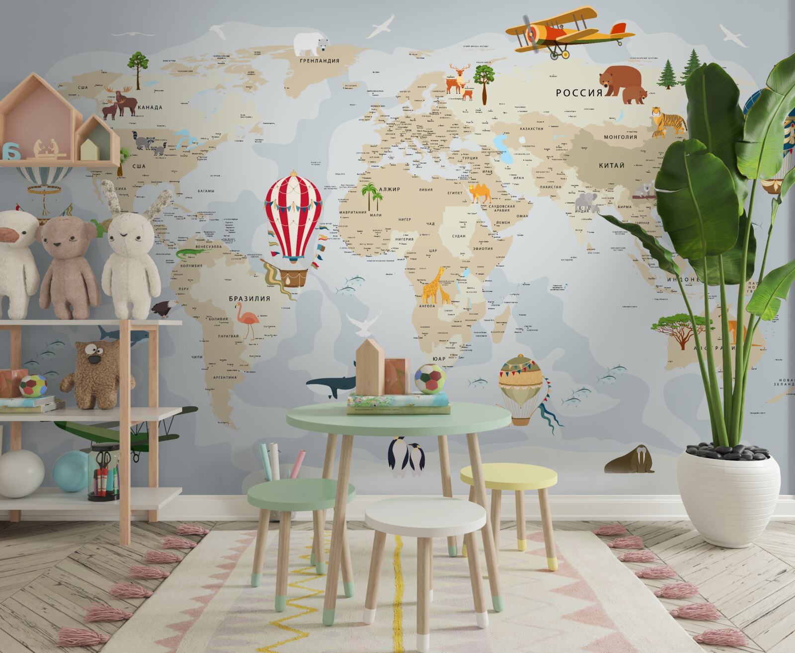 Фотошпалери карта світу із зображенням тварин і транспортних засобів
