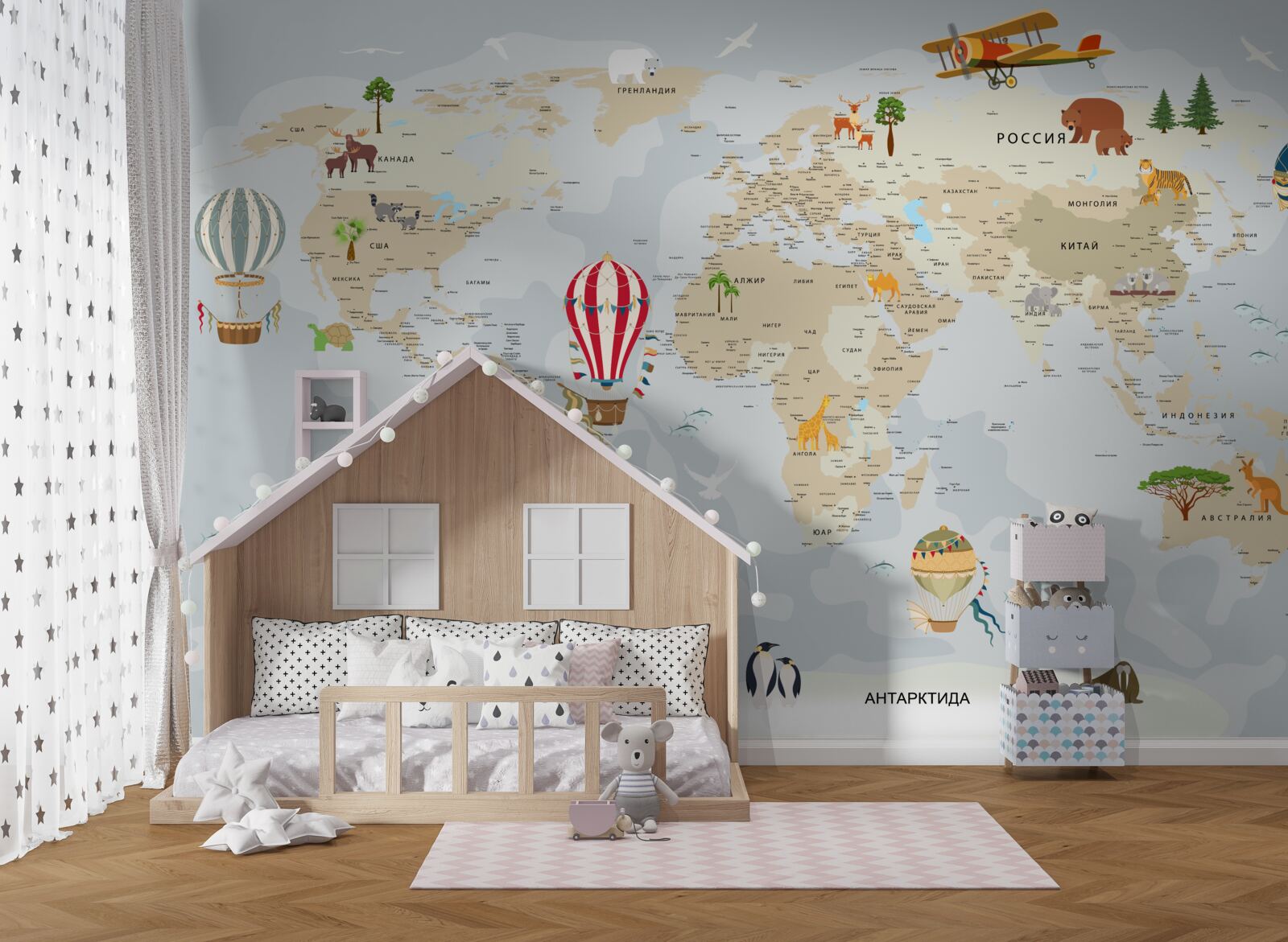 Фотошпалери карта світу із зображенням тварин і транспортних засобів