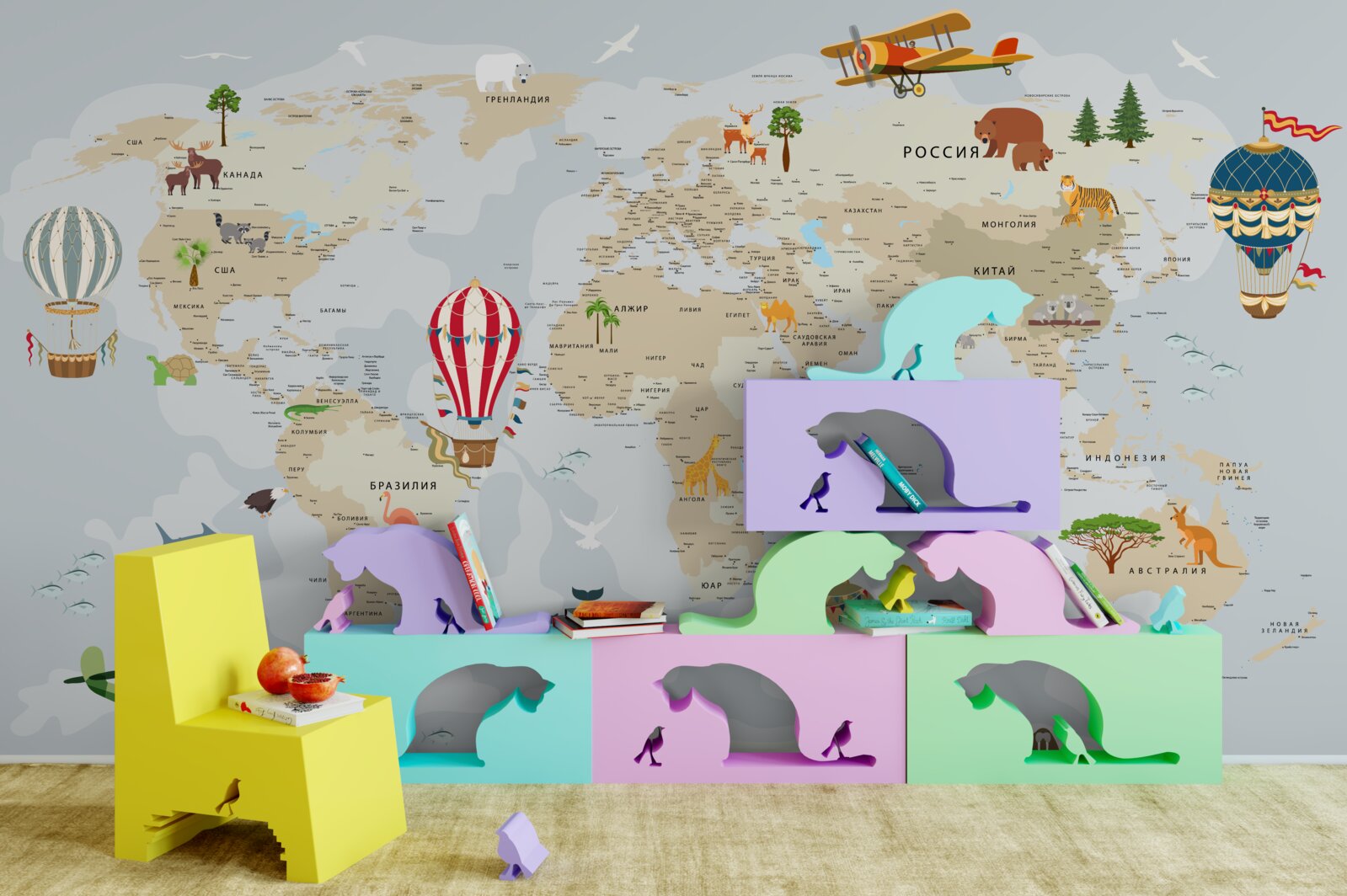 Фотошпалери карта світу із зображенням тварин і транспортних засобів