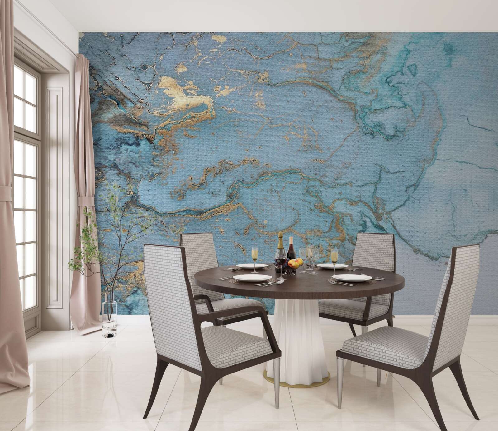 Фотошпалери блакитний мармур із золотим велюром