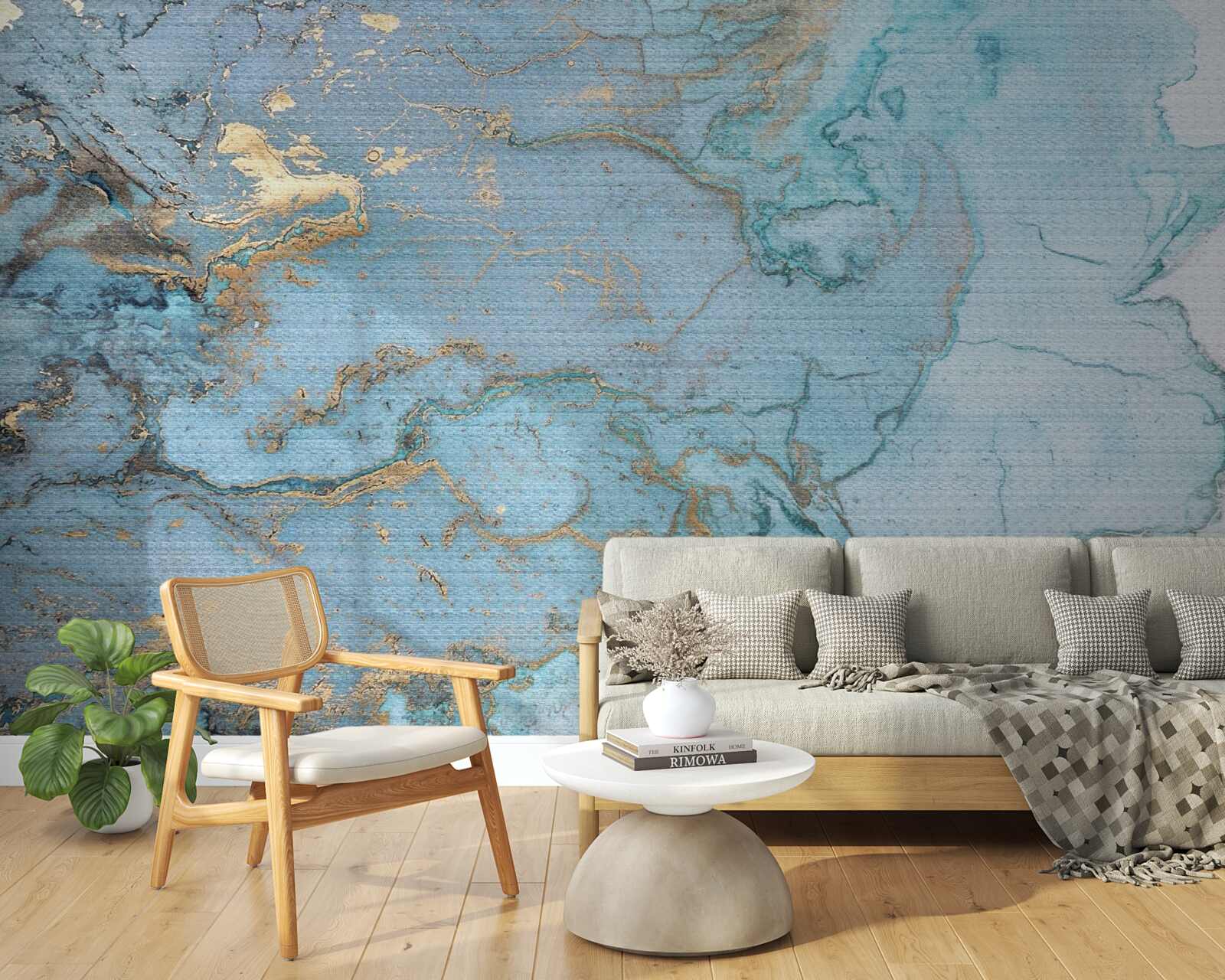 Фотошпалери блакитний мармур із золотим велюром