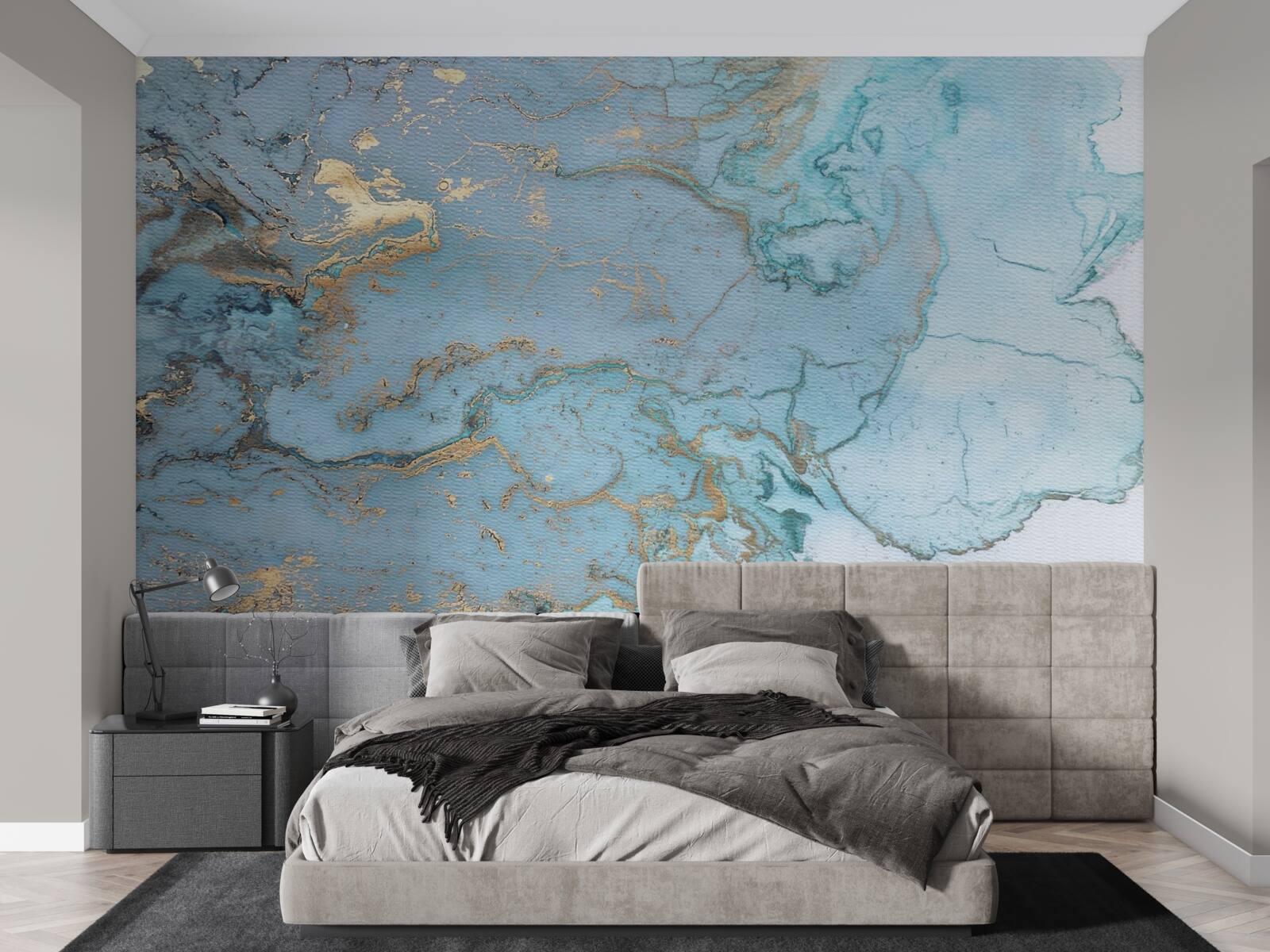 Фотошпалери блакитний мармур із золотим велюром