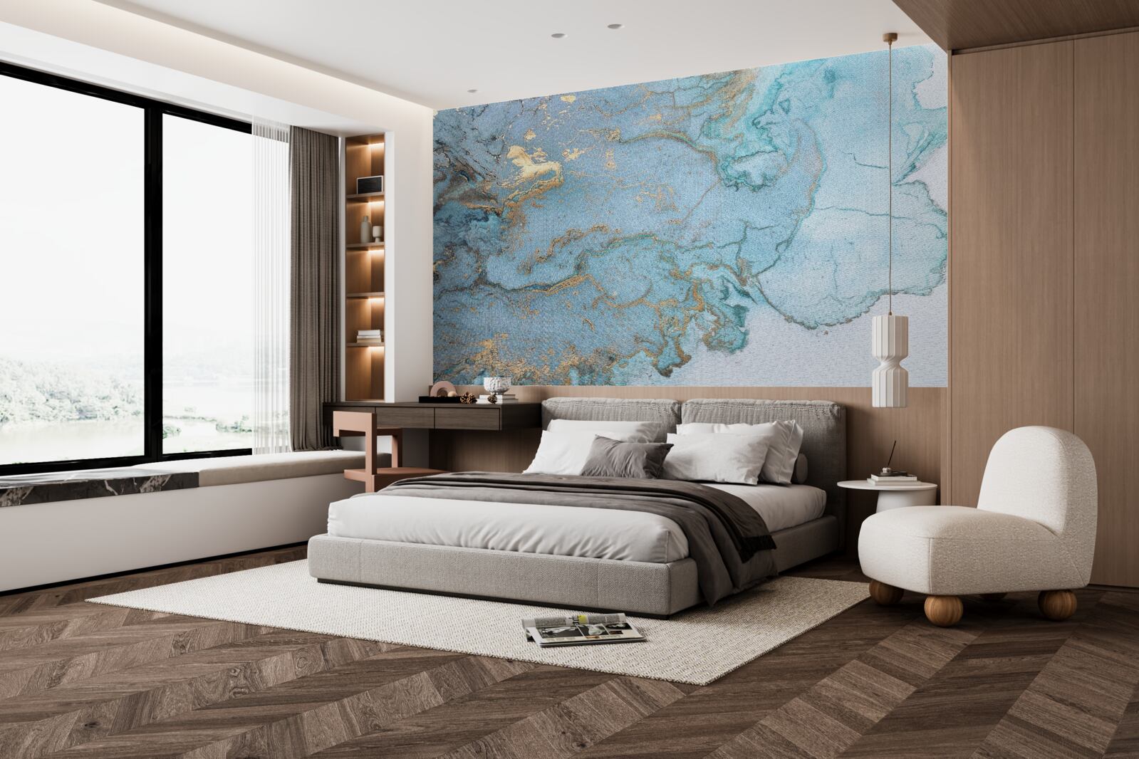 Фотошпалери блакитний мармур із золотим велюром