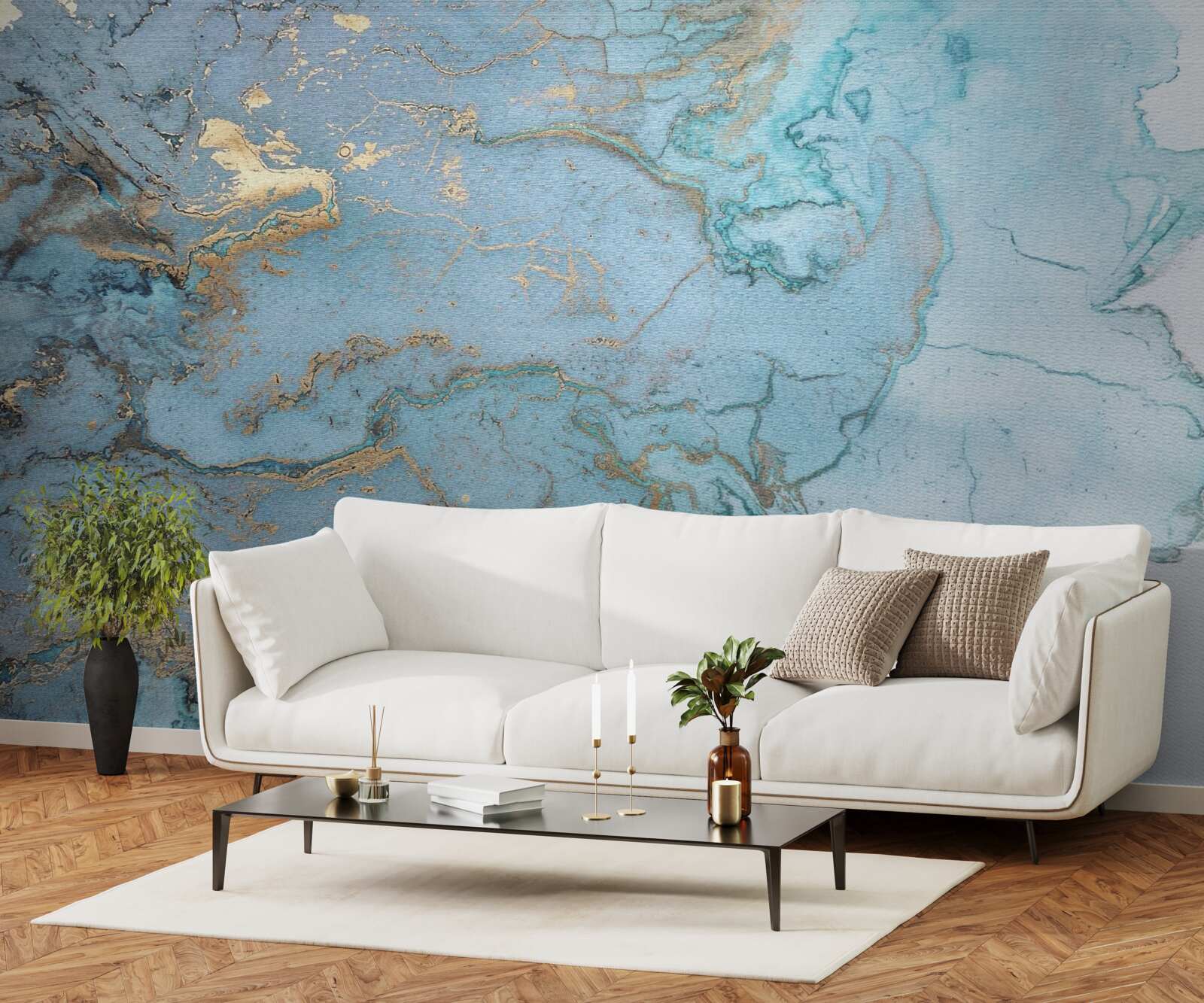Фотошпалери блакитний мармур із золотим велюром