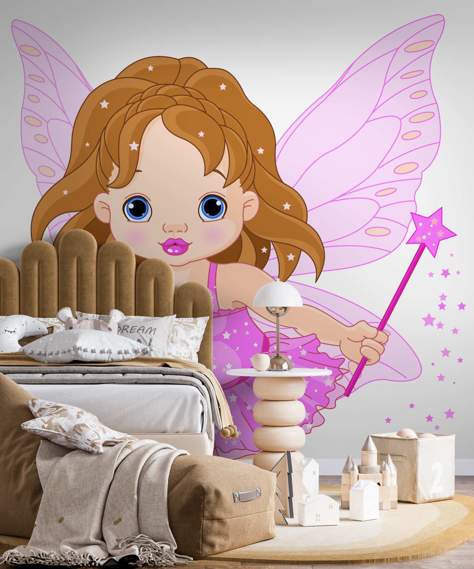 Фотошпалери дівчинка з рудим волоссям і рожевими крилами