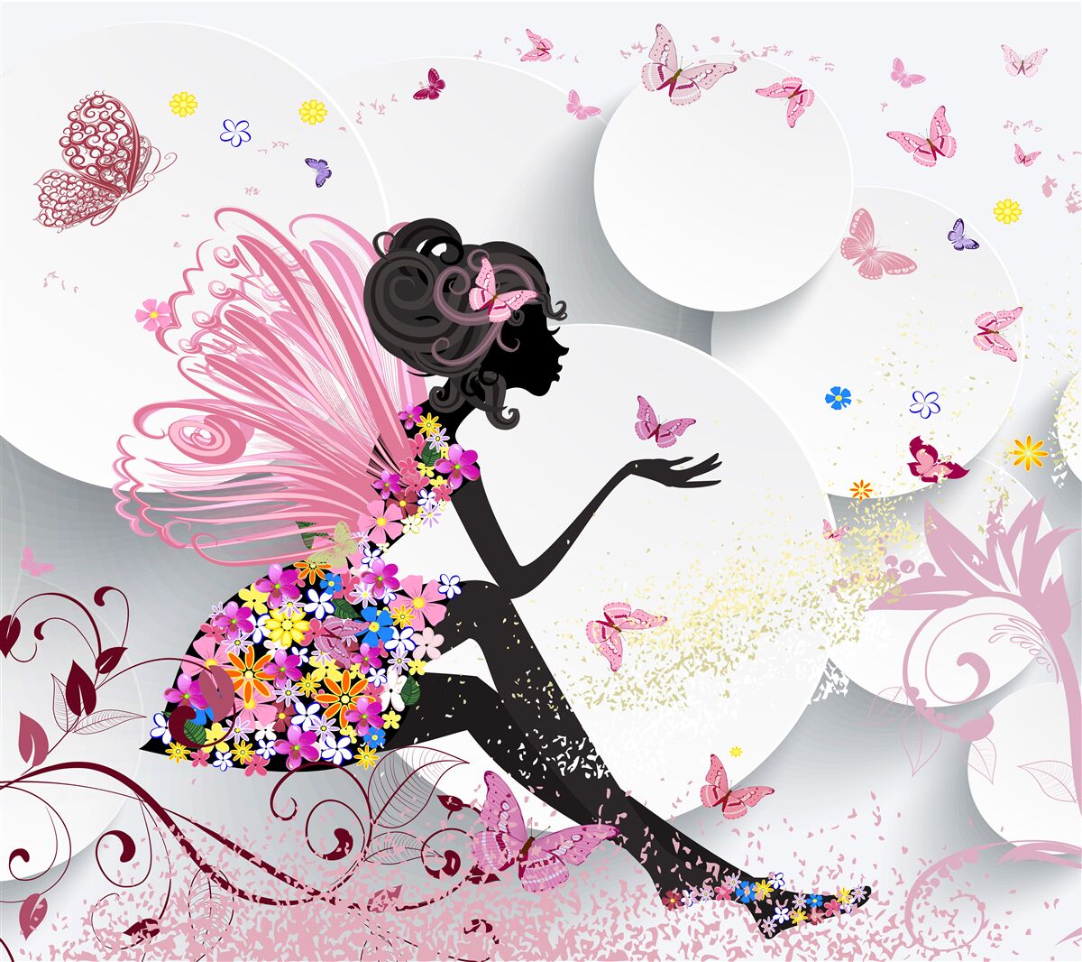 Фотошпалери дівчина з крилами, прикрашена квітами та метеликами