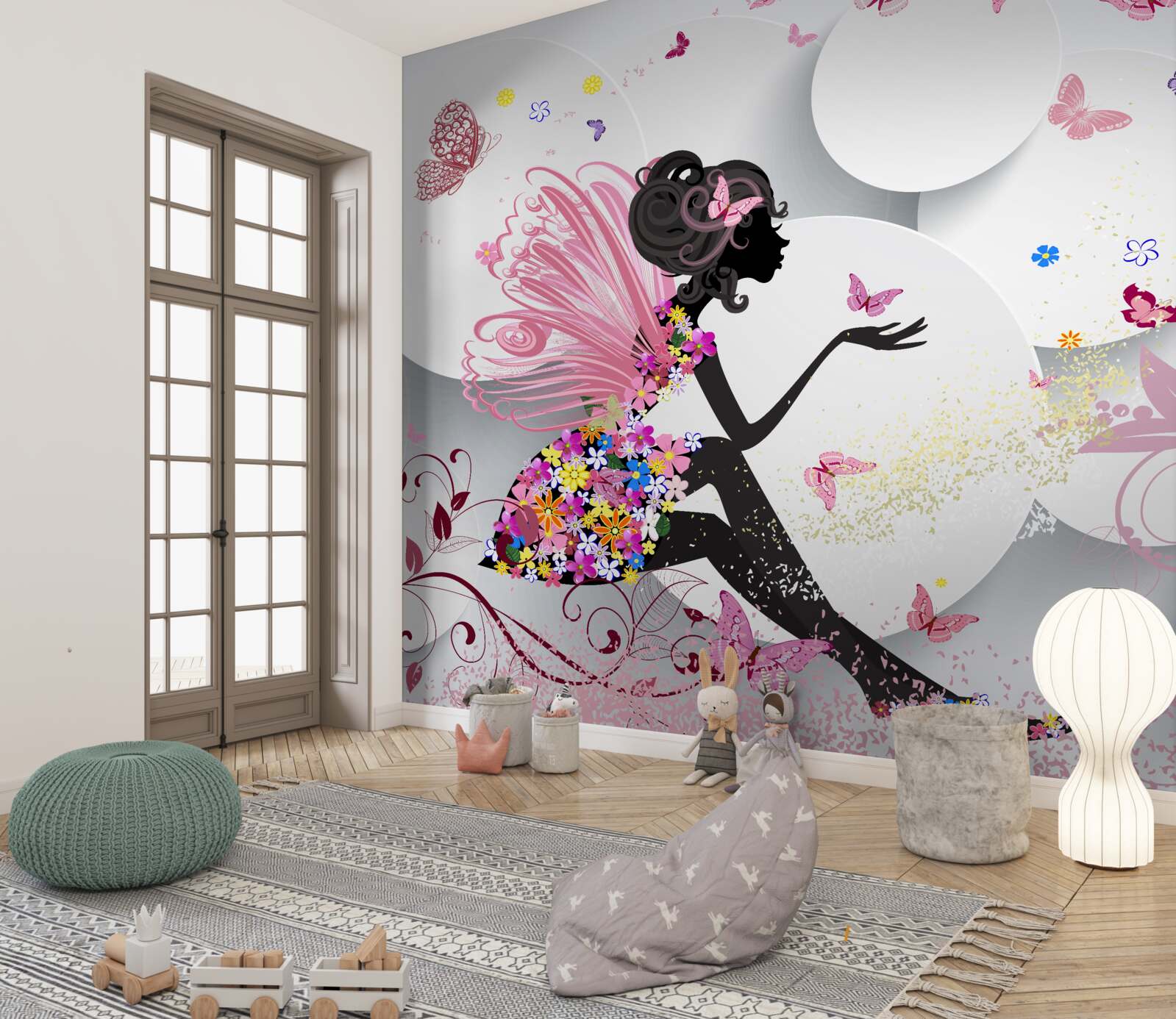 Фотошпалери дівчина з крилами, прикрашена квітами та метеликами