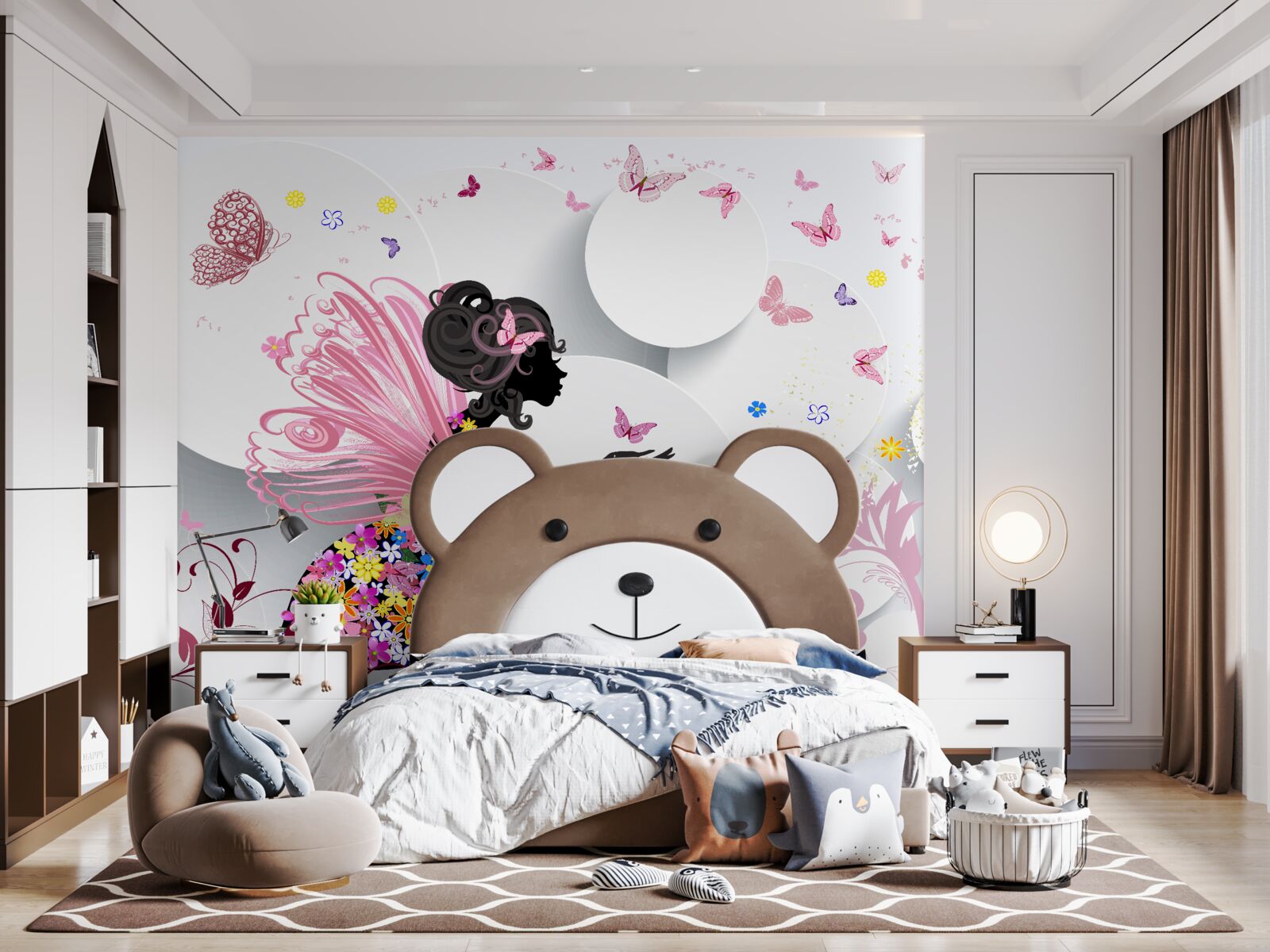 Фотошпалери дівчина з крилами, прикрашена квітами та метеликами