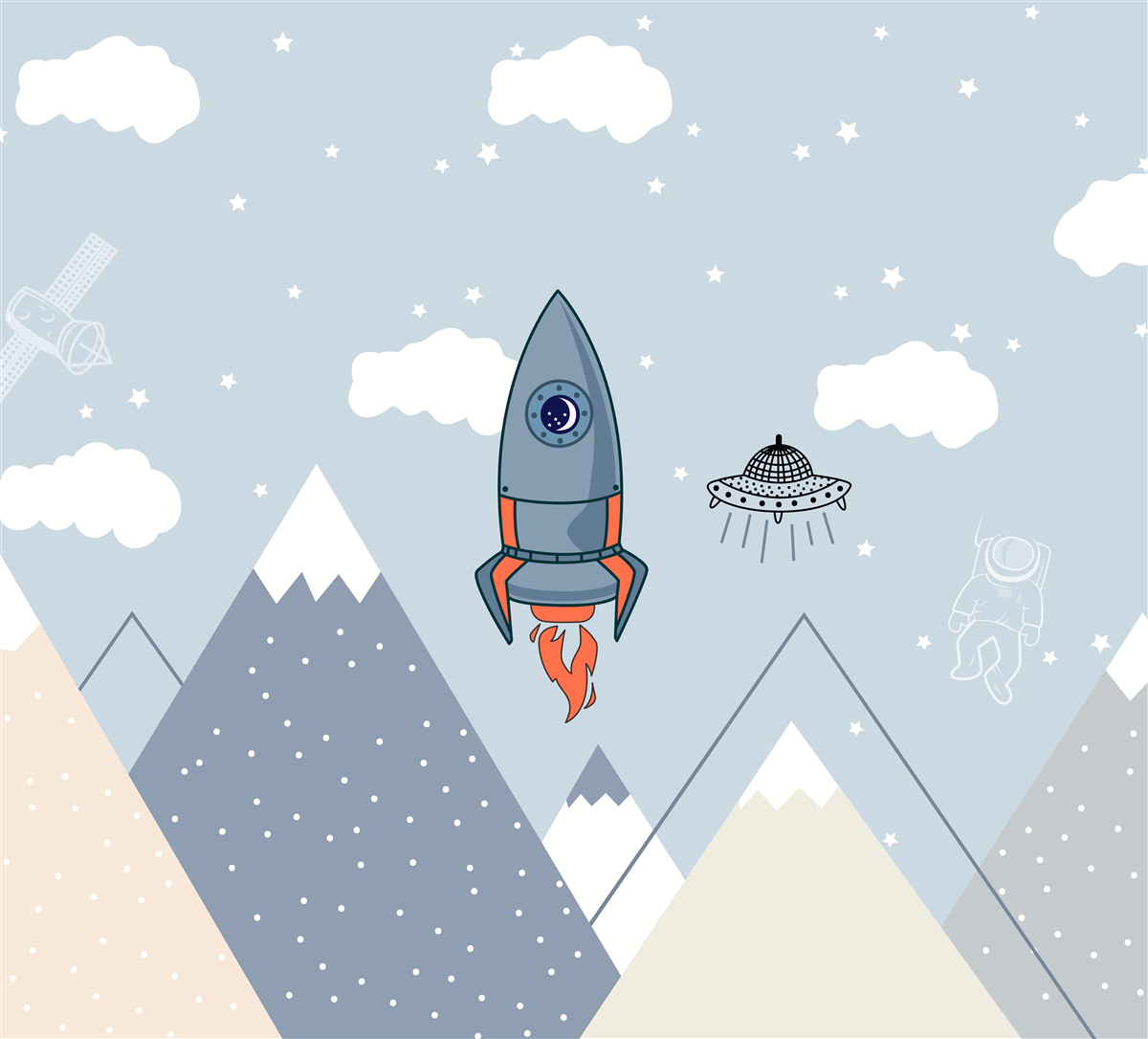 Фотошпалери ракета і НЛО ковзають над горами