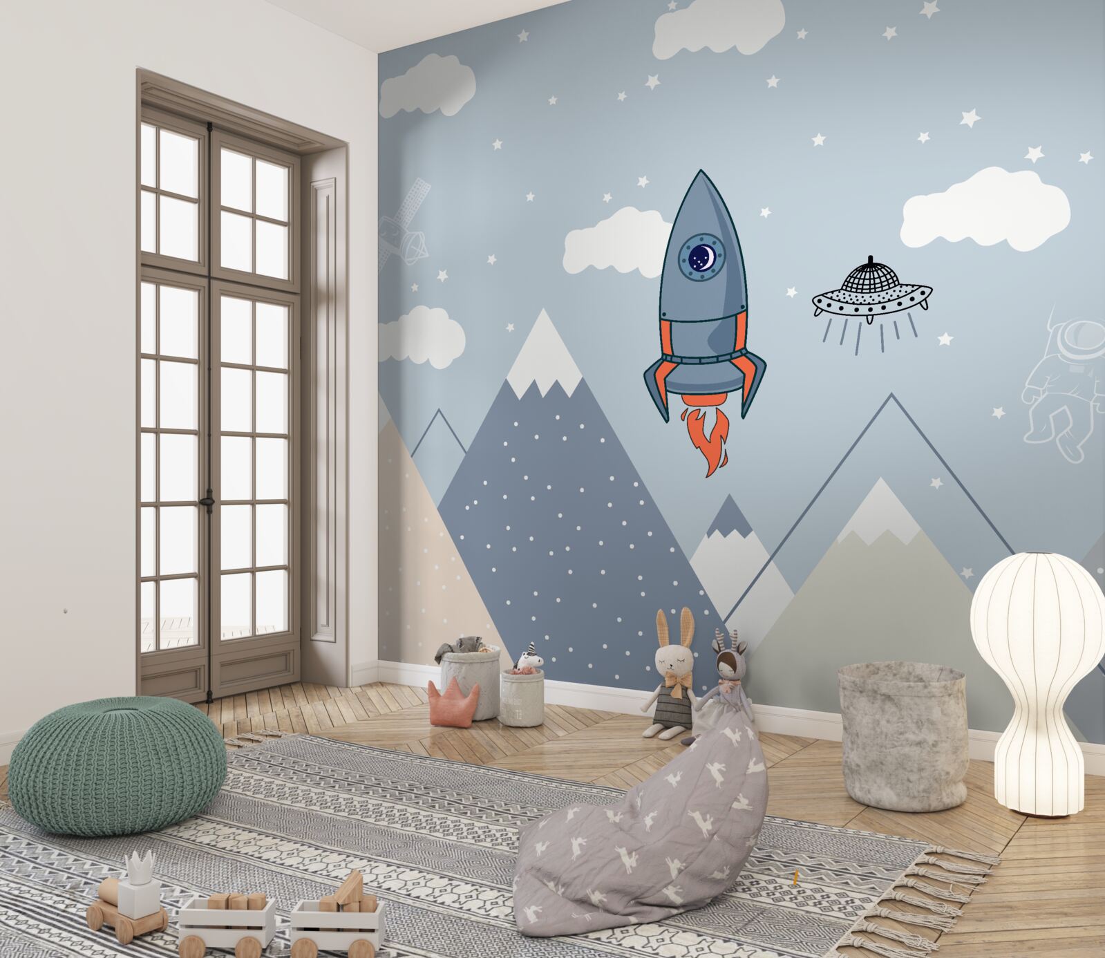 Фотошпалери ракета і НЛО ковзають над горами