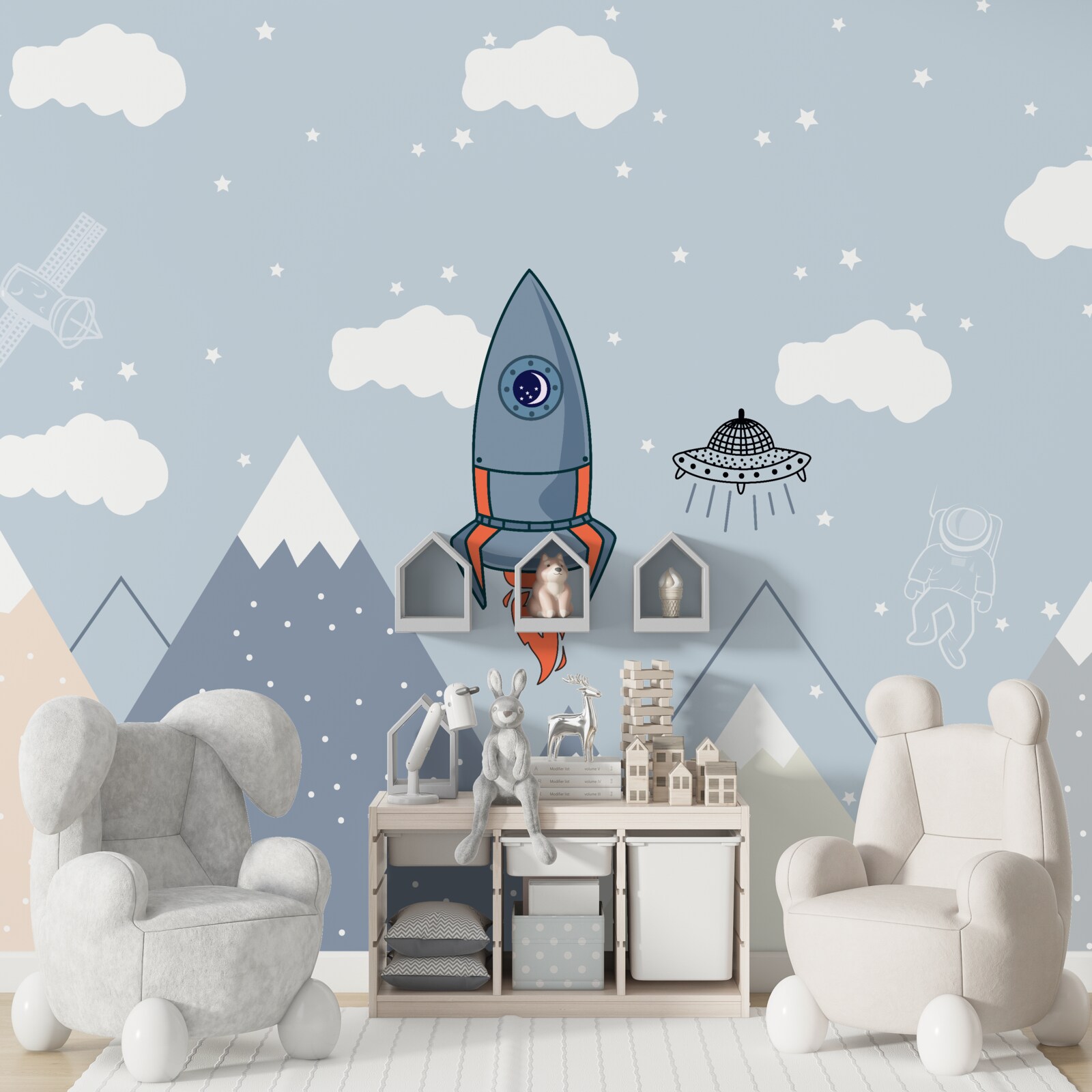 Фотошпалери ракета і НЛО ковзають над горами