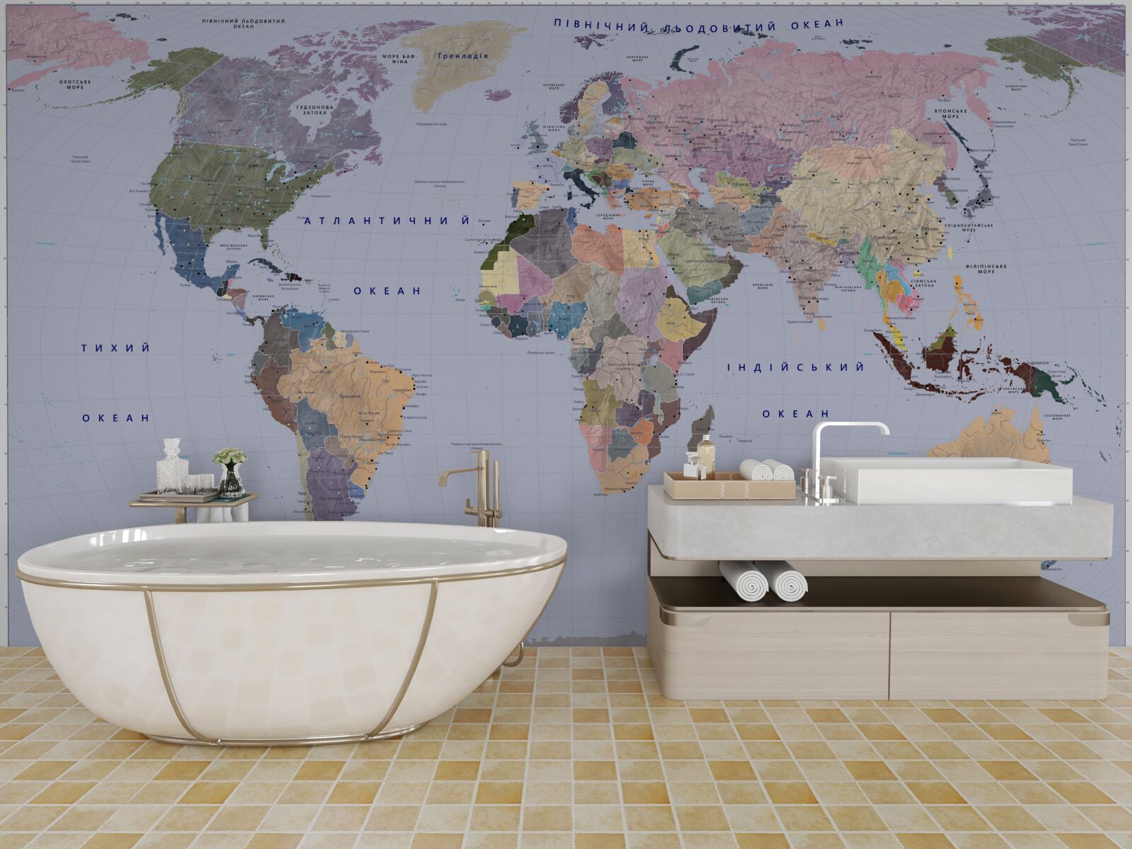 Фотошпалери різнокольорова географічна карта світу