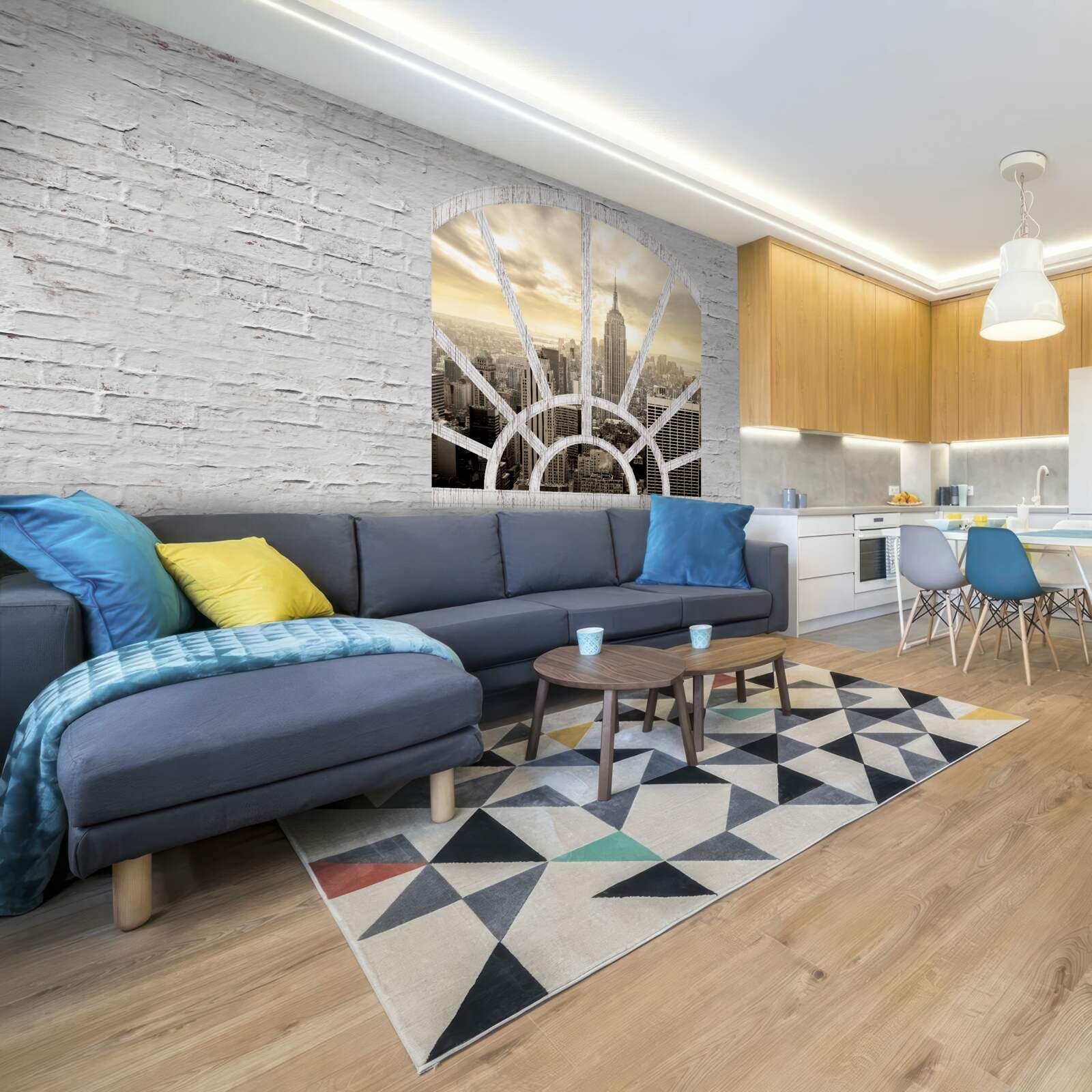 Фотошпалери панорамне вікно в цегляній стіні з видом на нью-йорк