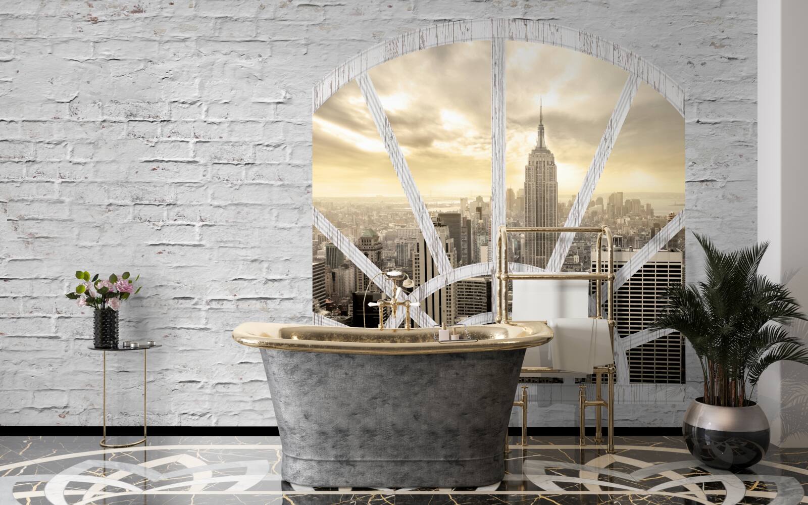 Фотошпалери панорамне вікно в цегляній стіні з видом на нью-йорк