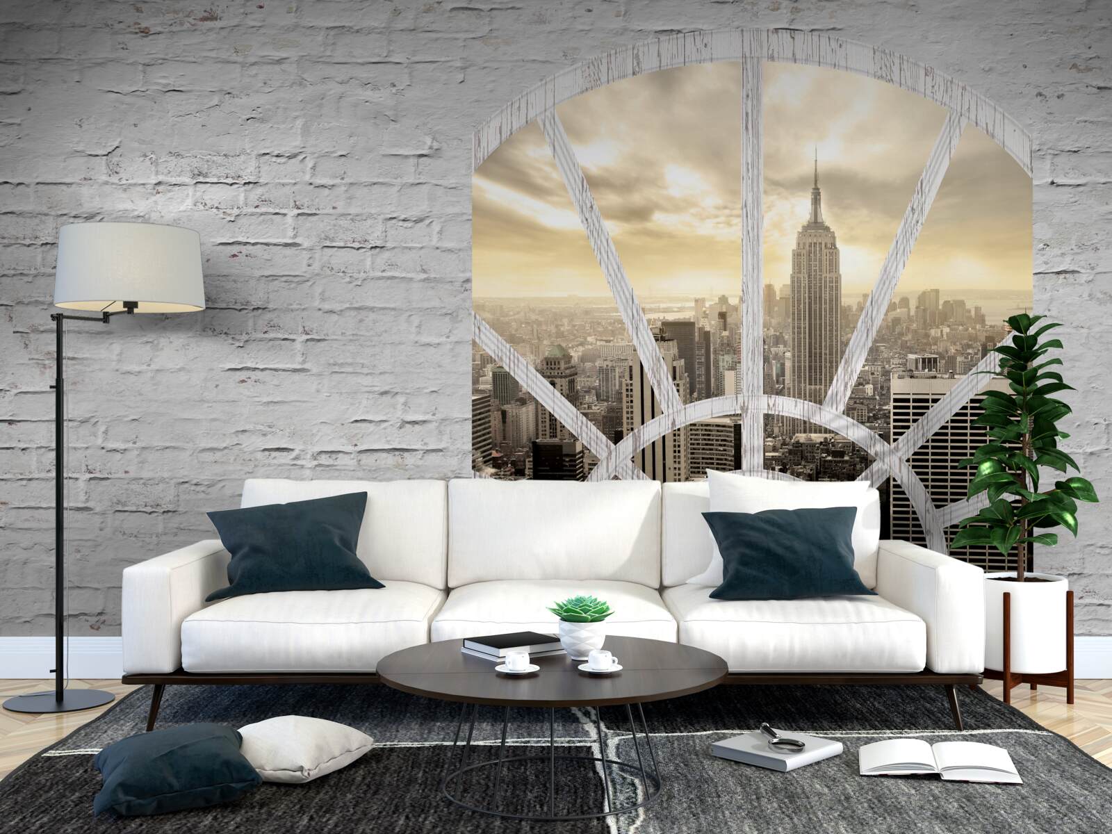 Фотошпалери панорамне вікно в цегляній стіні з видом на нью-йорк