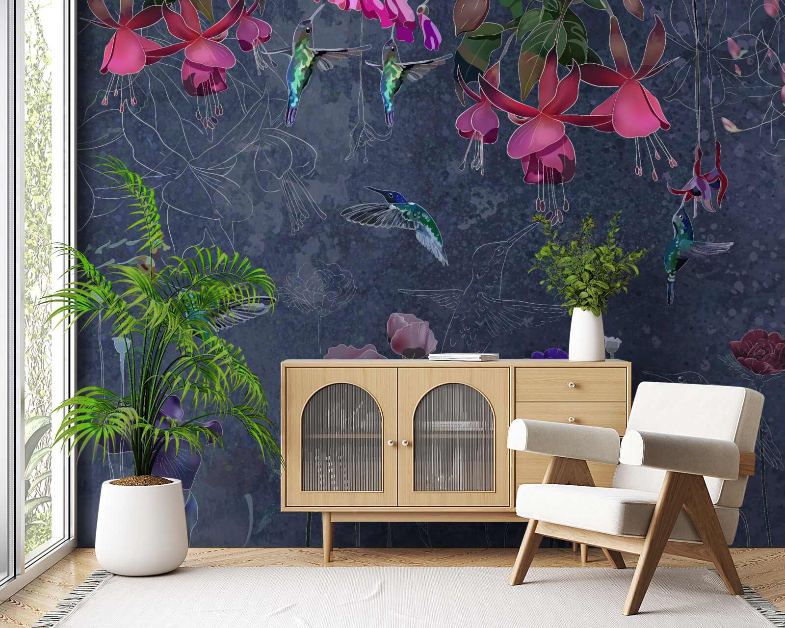 Фотошпалери квіти та колібрі