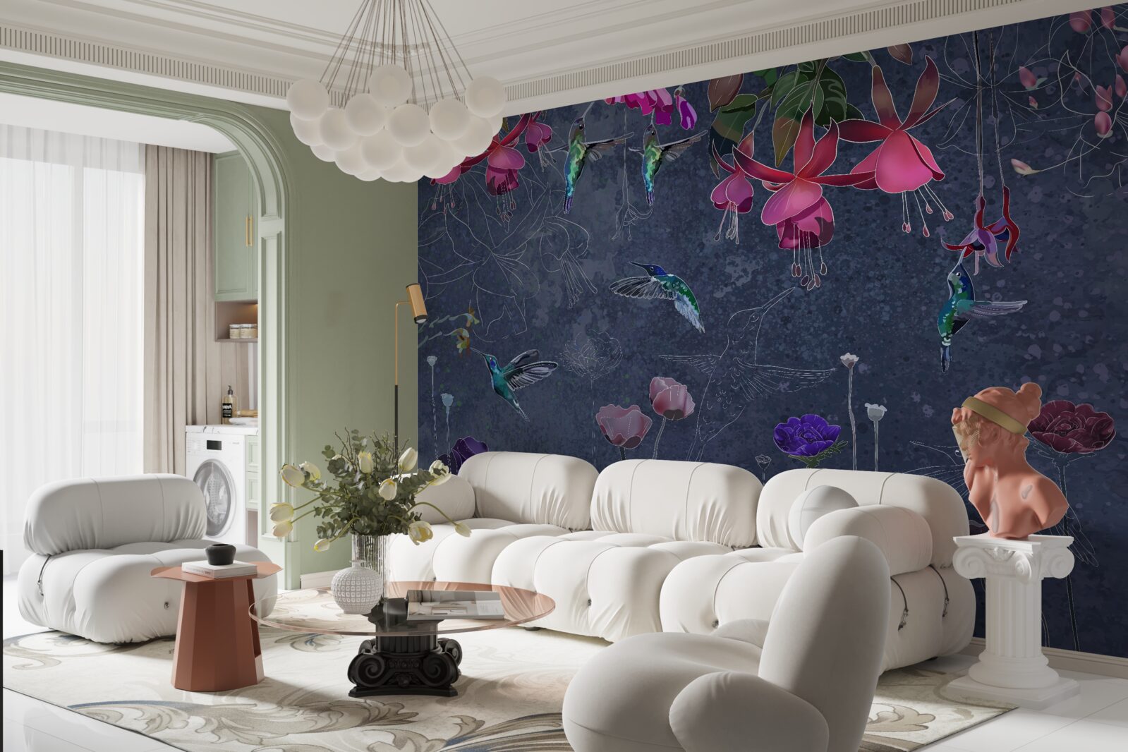 Фотошпалери квіти та колібрі