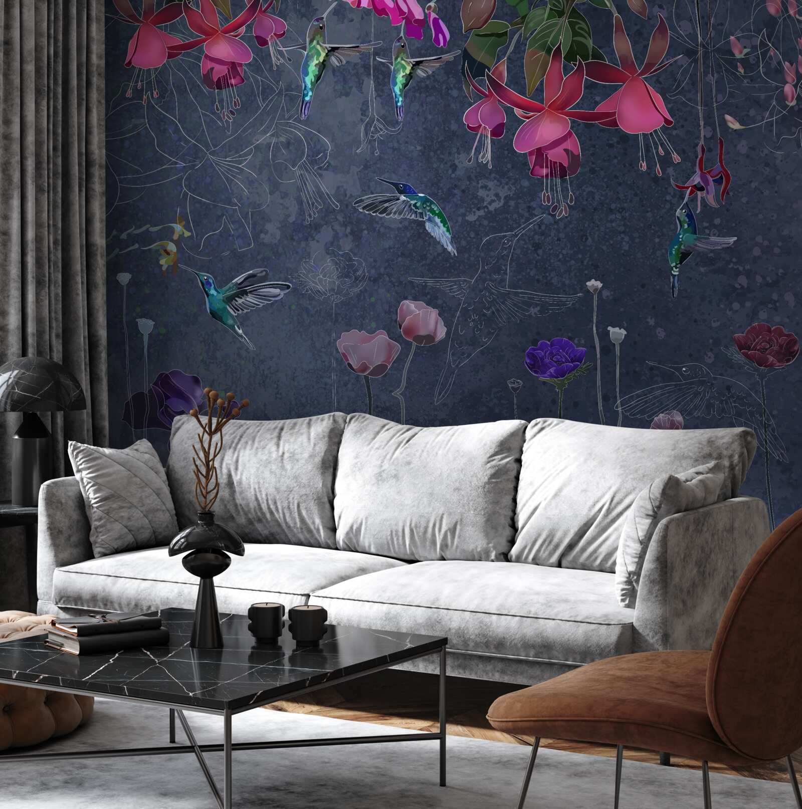 Фотошпалери квіти та колібрі