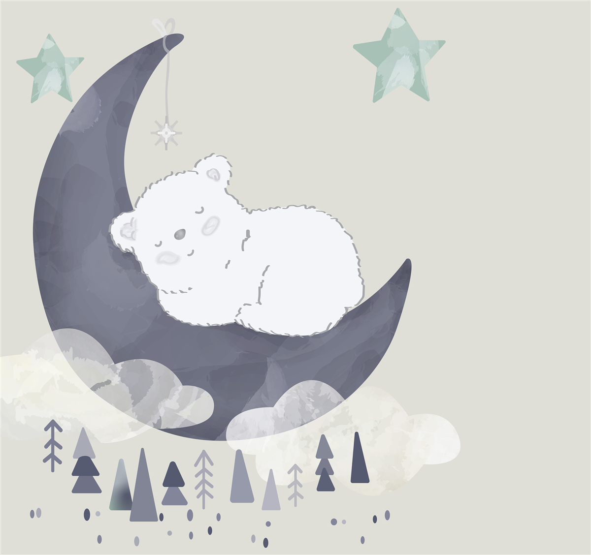 Фотошпалери маленький білий ведмедик дрімає на місяці