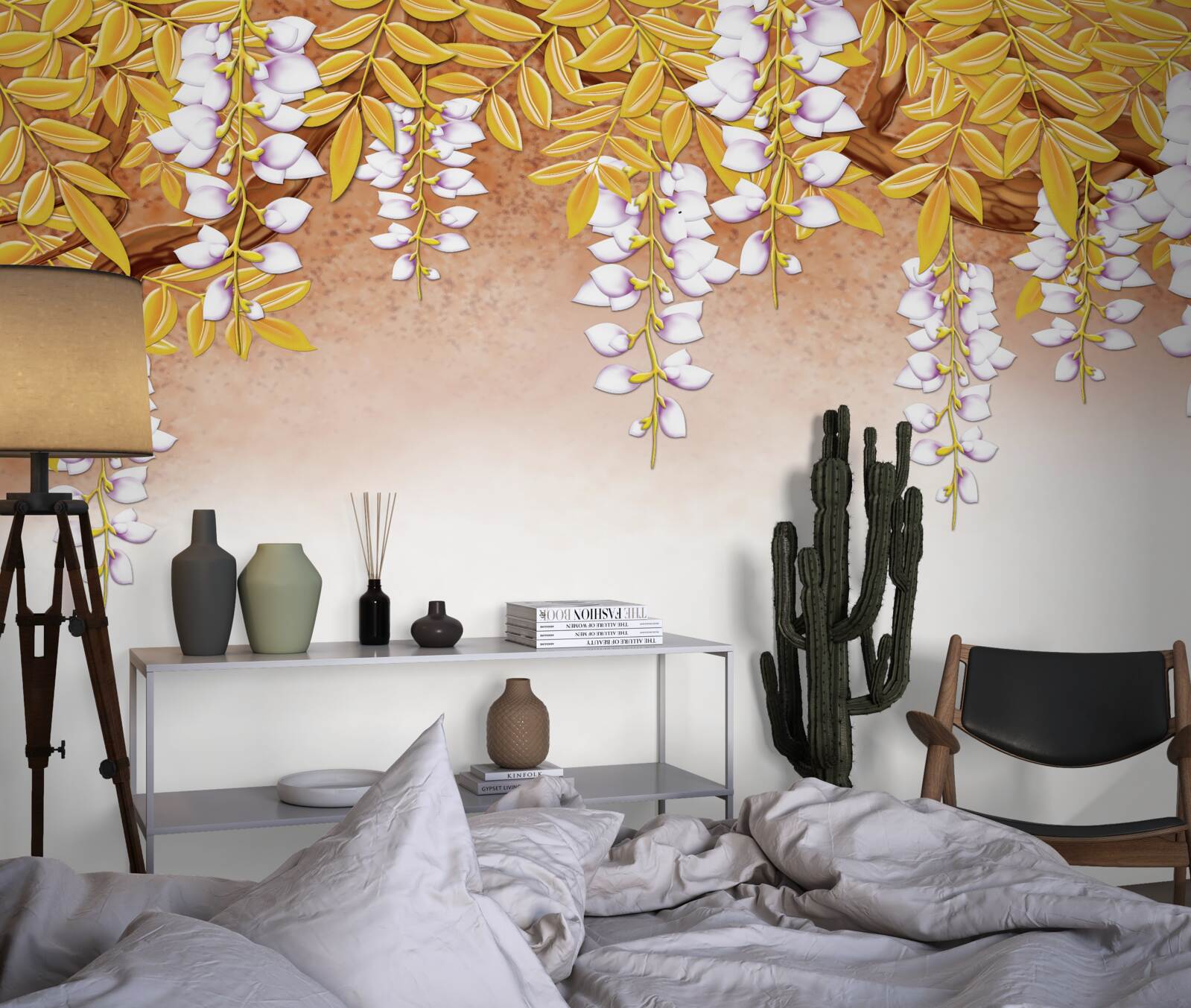 Фотошпалери відображення жовтого листя і білих квітів