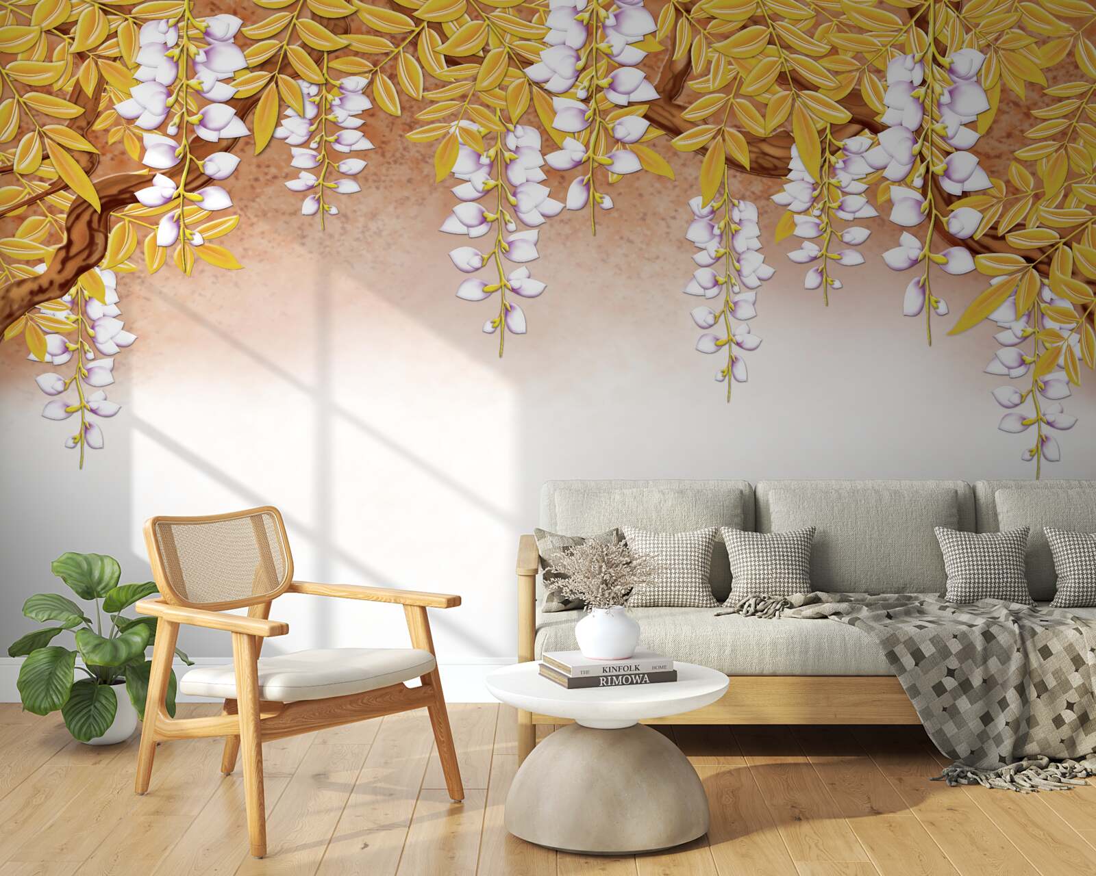 Фотошпалери відображення жовтого листя і білих квітів