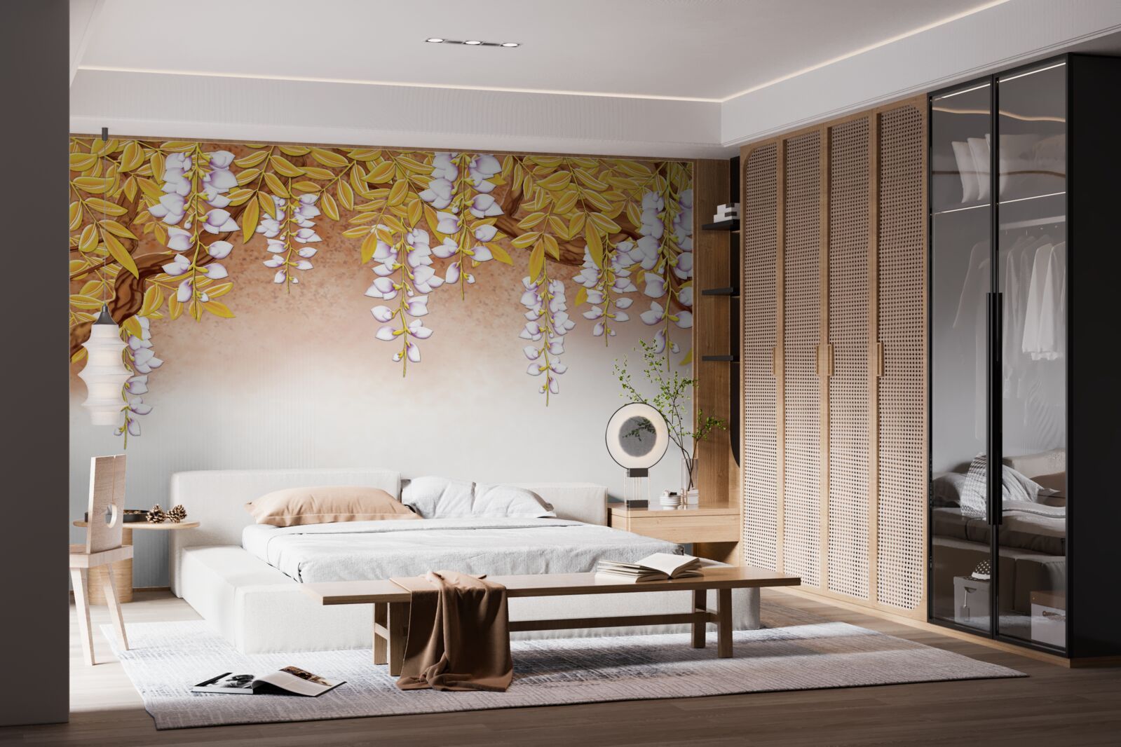 Фотошпалери відображення жовтого листя і білих квітів