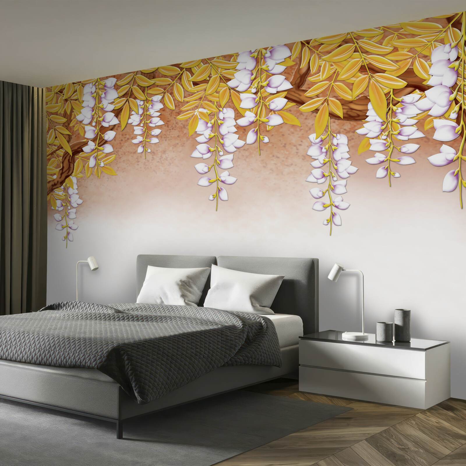 Фотошпалери відображення жовтого листя і білих квітів