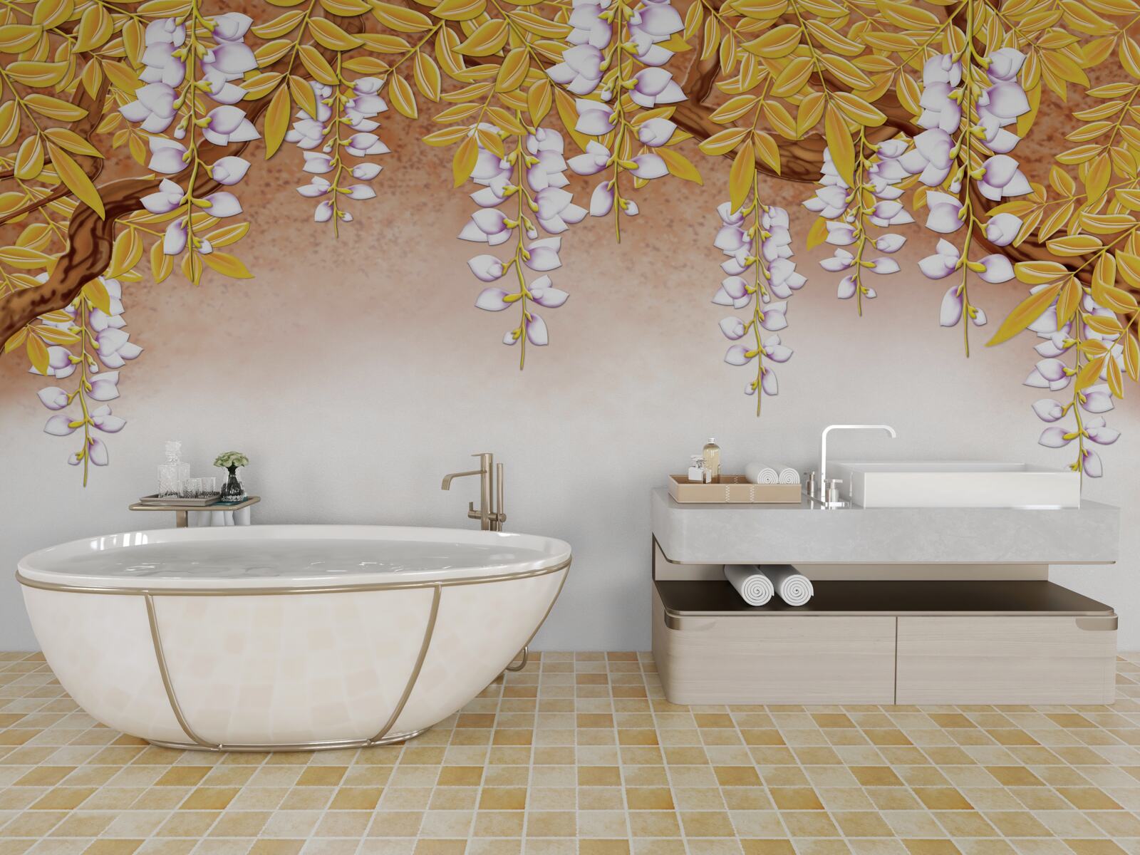 Фотошпалери відображення жовтого листя і білих квітів