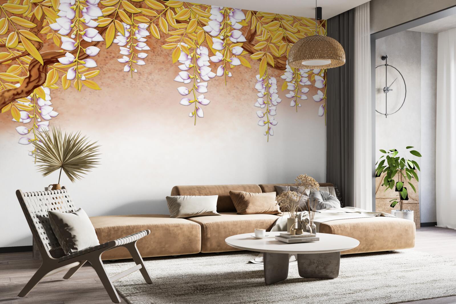 Фотошпалери відображення жовтого листя і білих квітів