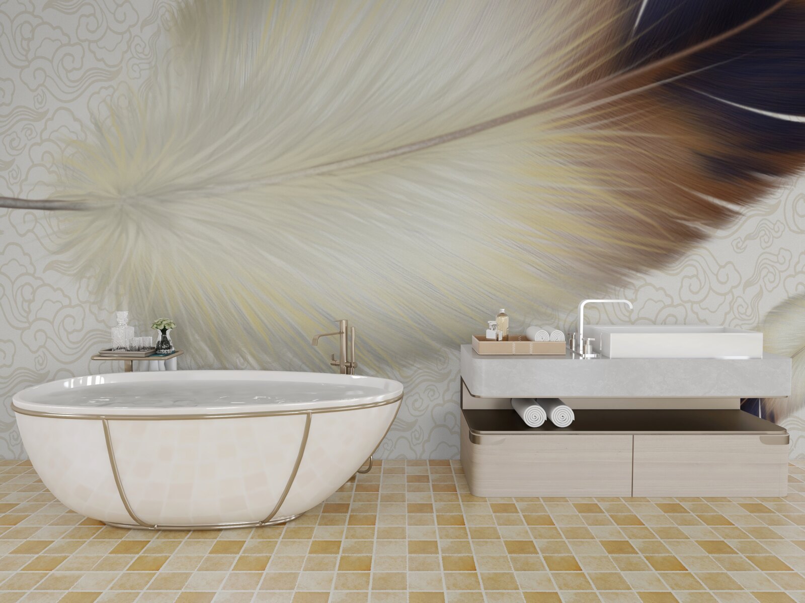 Фотошпалери пір'я біле з коричневими краями