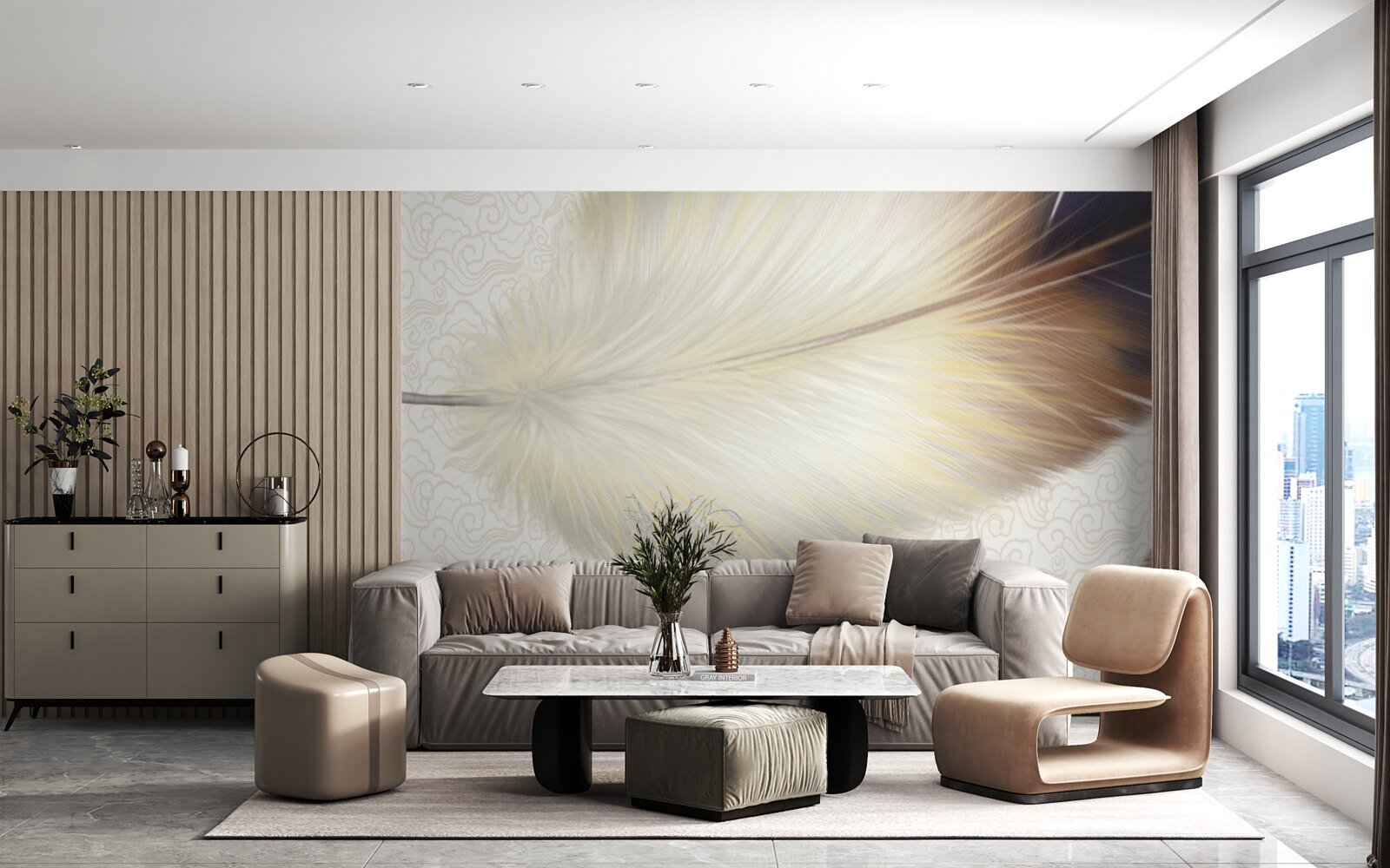 Фотошпалери пір'я біле з коричневими краями