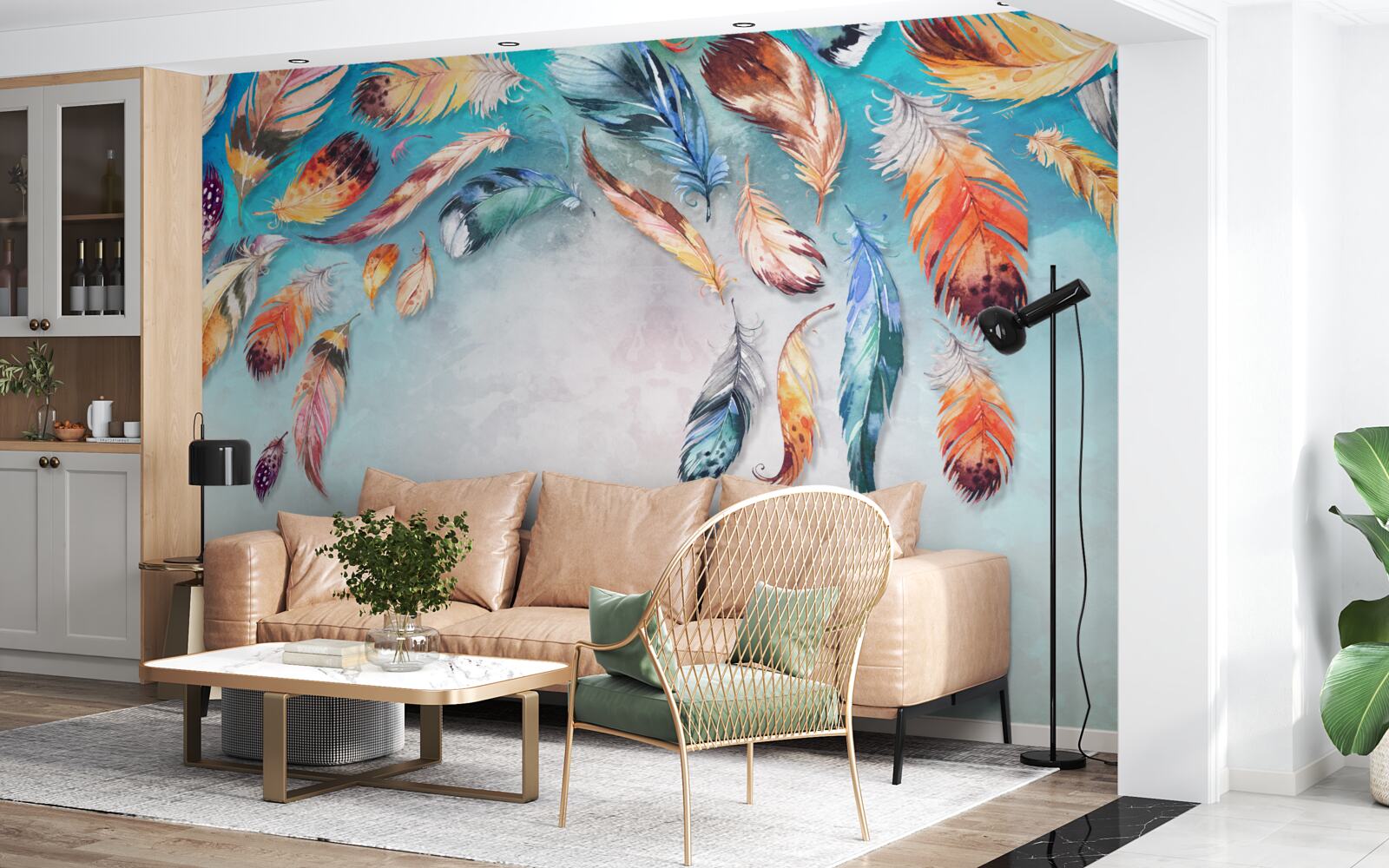 Фотошпалери яскраве різнокольорове пухнасте пір'я