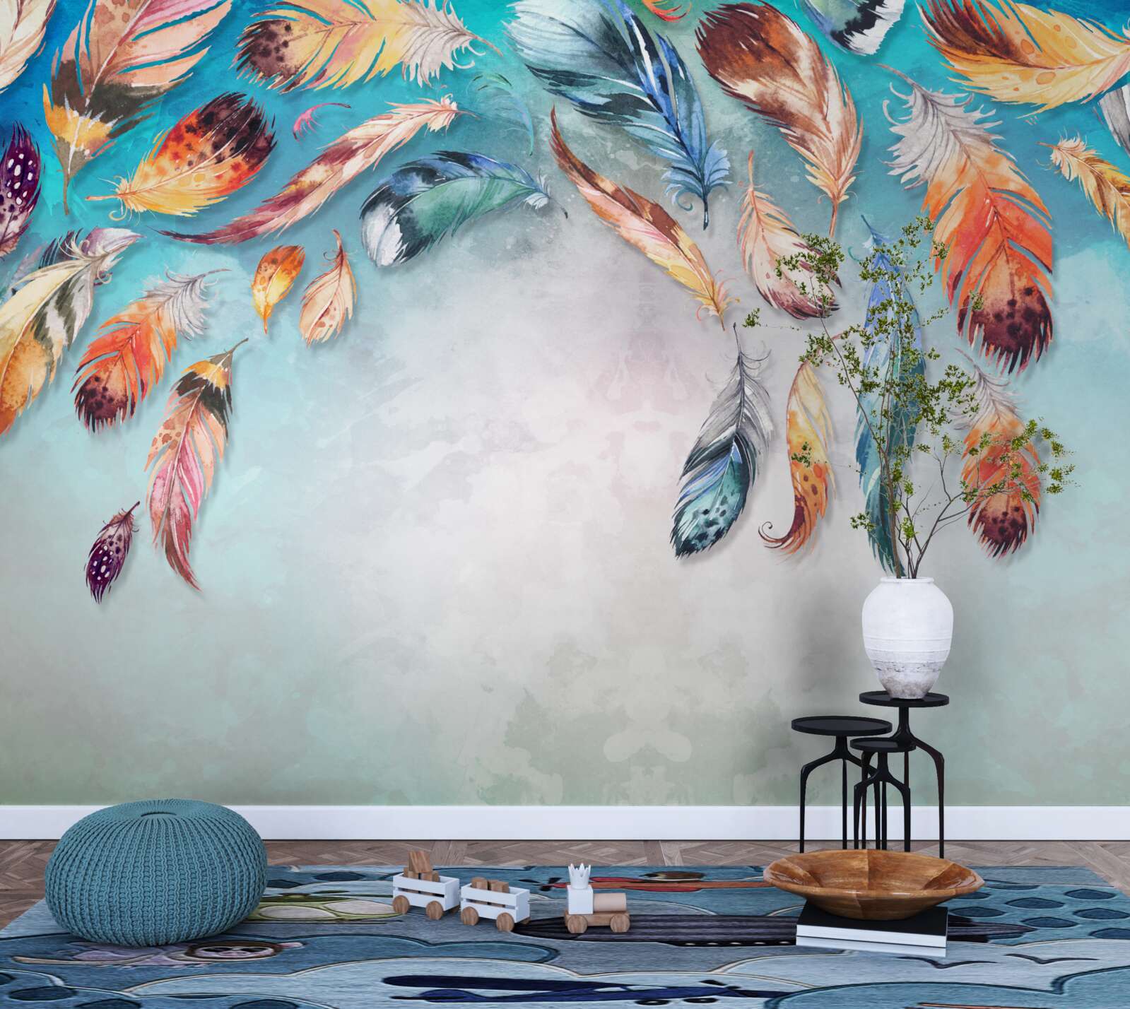 Фотошпалери яскраве різнокольорове пухнасте пір'я