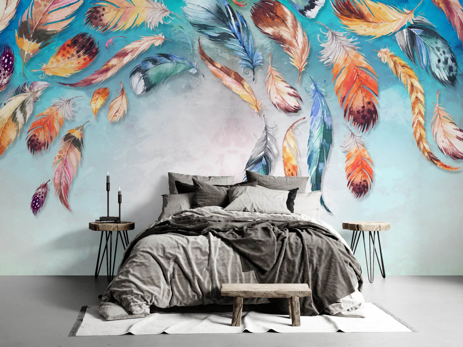 Фотошпалери яскраве різнокольорове пухнасте пір'я