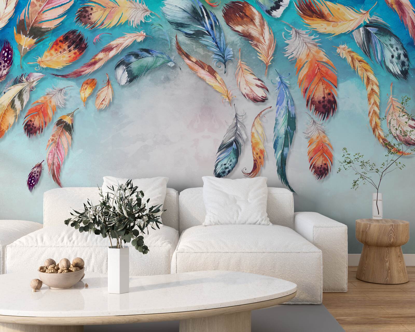 Фотошпалери яскраве різнокольорове пухнасте пір'я